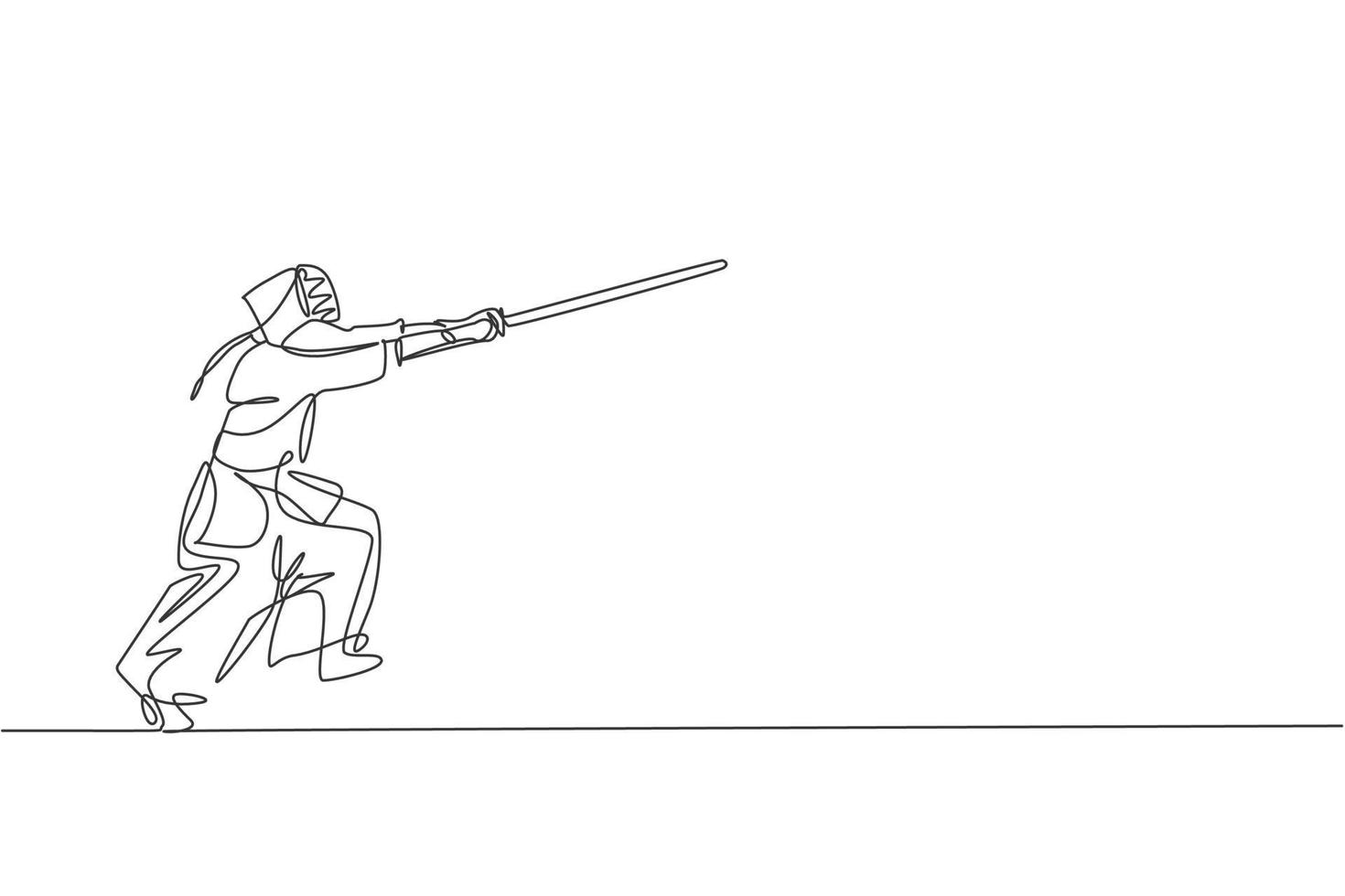 dibujo de una sola línea continua de un joven deportista que practica el ataque de kendo golpeó la habilidad de arte marcial en el centro deportivo del gimnasio. concepto de deporte de lucha. Ilustración de vector de diseño gráfico de dibujo de una línea de moda