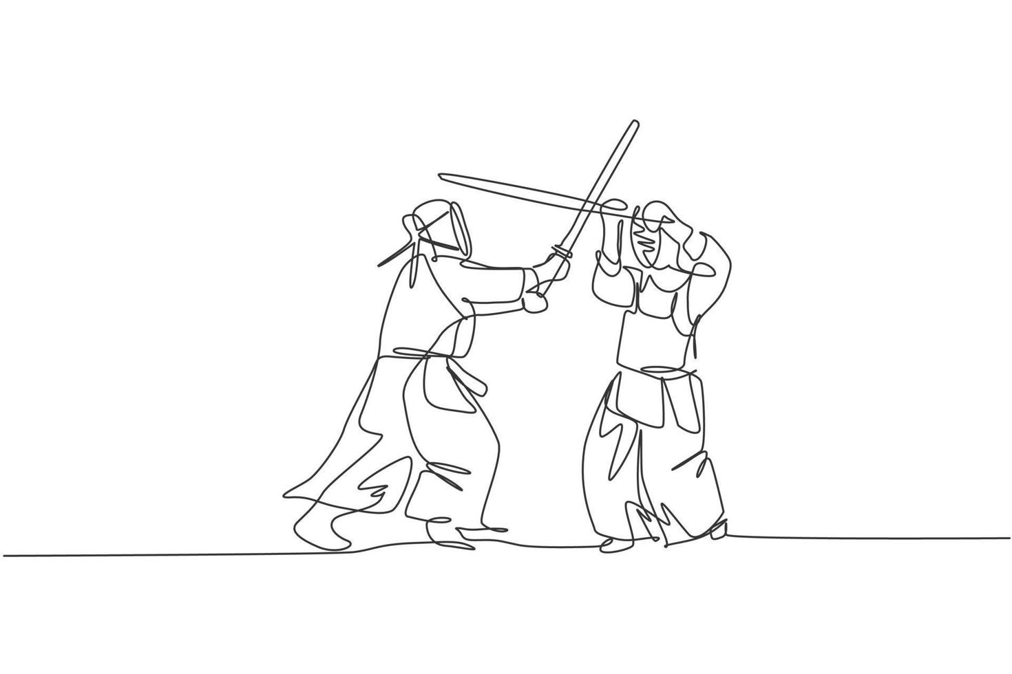 One single line drawing of two young energetic man exercise kendo combat match with wooden sword at gym center vector illustration. Combative fight sport concept. Modern continuous line draw design
