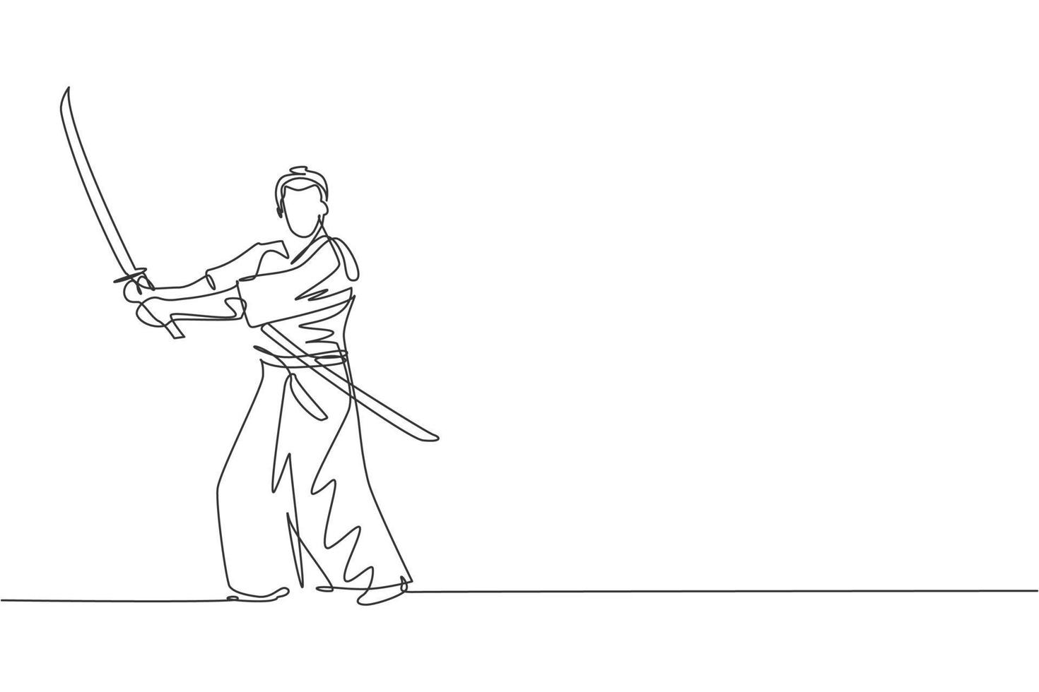 One single line drawing of young Japanese samurai warrior holding katana sword practicing at dojo center graphic vector illustration. Combative martial art concept. Modern continuous line draw design