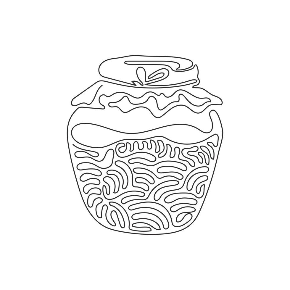 Single continuous line drawing honey jar. Apiary symbol. Bee, honey, honey bank. Honey natural healthy food production. Swirl curl style. Dynamic one line draw graphic design vector illustration