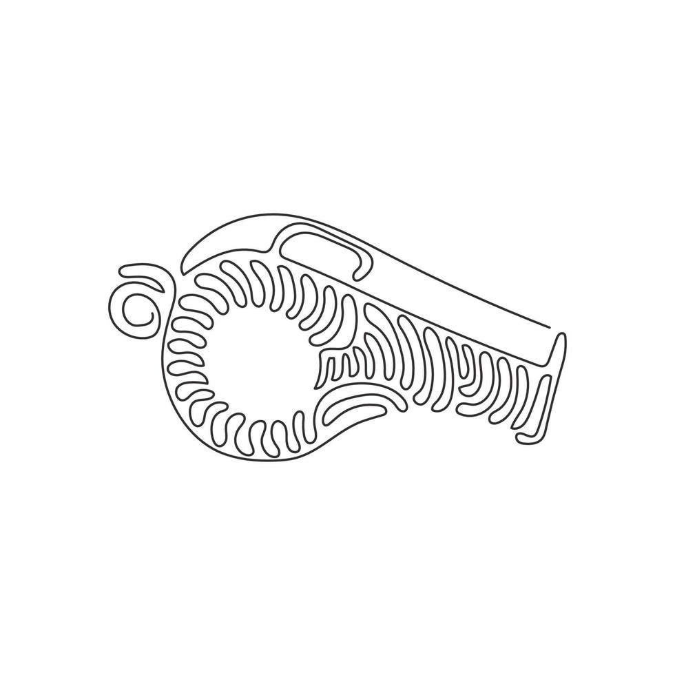 Single continuous line drawing whistle referee. Coach gym whistle. Sports sign play game, coach or trainer equipment. Swirl curl style concept. Dynamic one line draw graphic design vector illustration