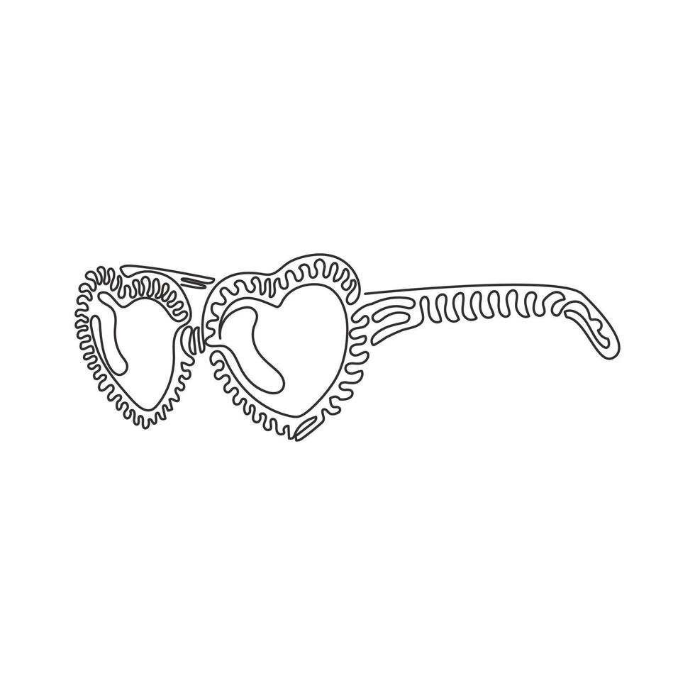 Single continuous line drawing glasses in shape hearts. Valentine's Day and love. Fashion and style, party accessories. Swirl curl style. Dynamic one line draw graphic design vector illustration
