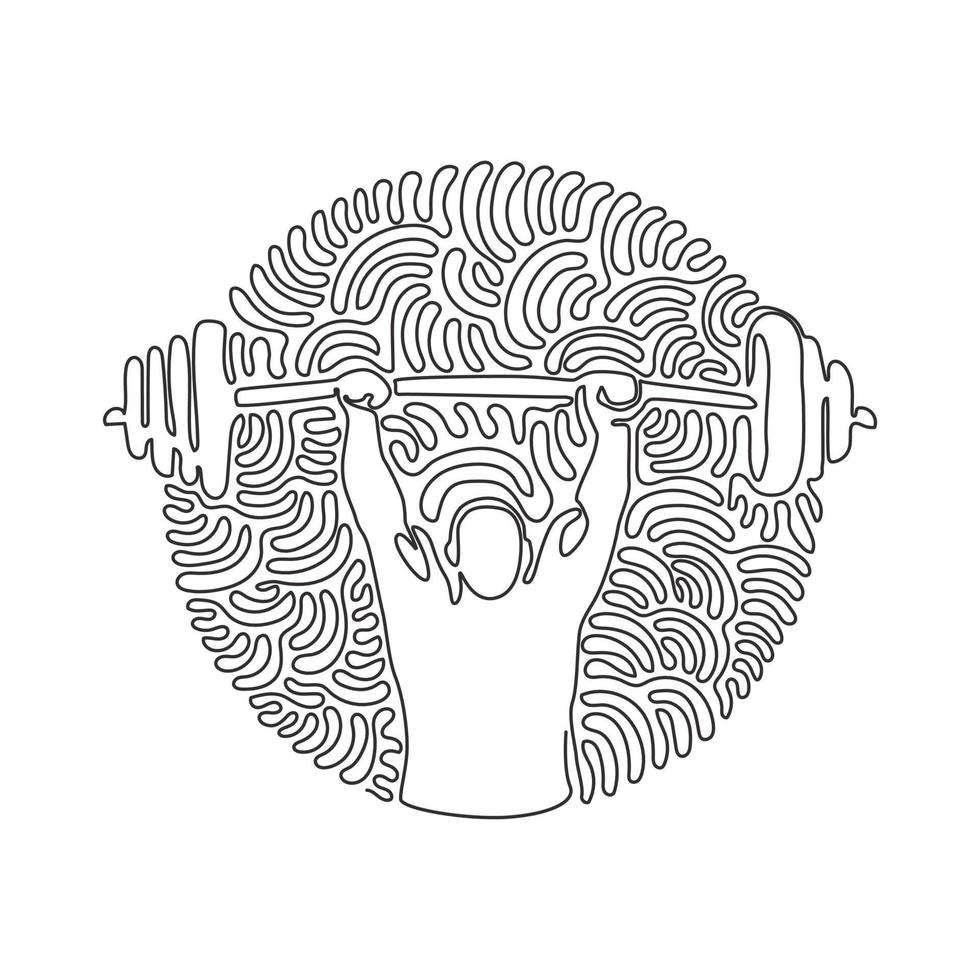 Single continuous line drawing Bodybuilder Fitness Model with barbell. Fitness logo badge with muscle man, Gymnastic or Body Build. Swirl curl circle background style. One line draw graphic design vector