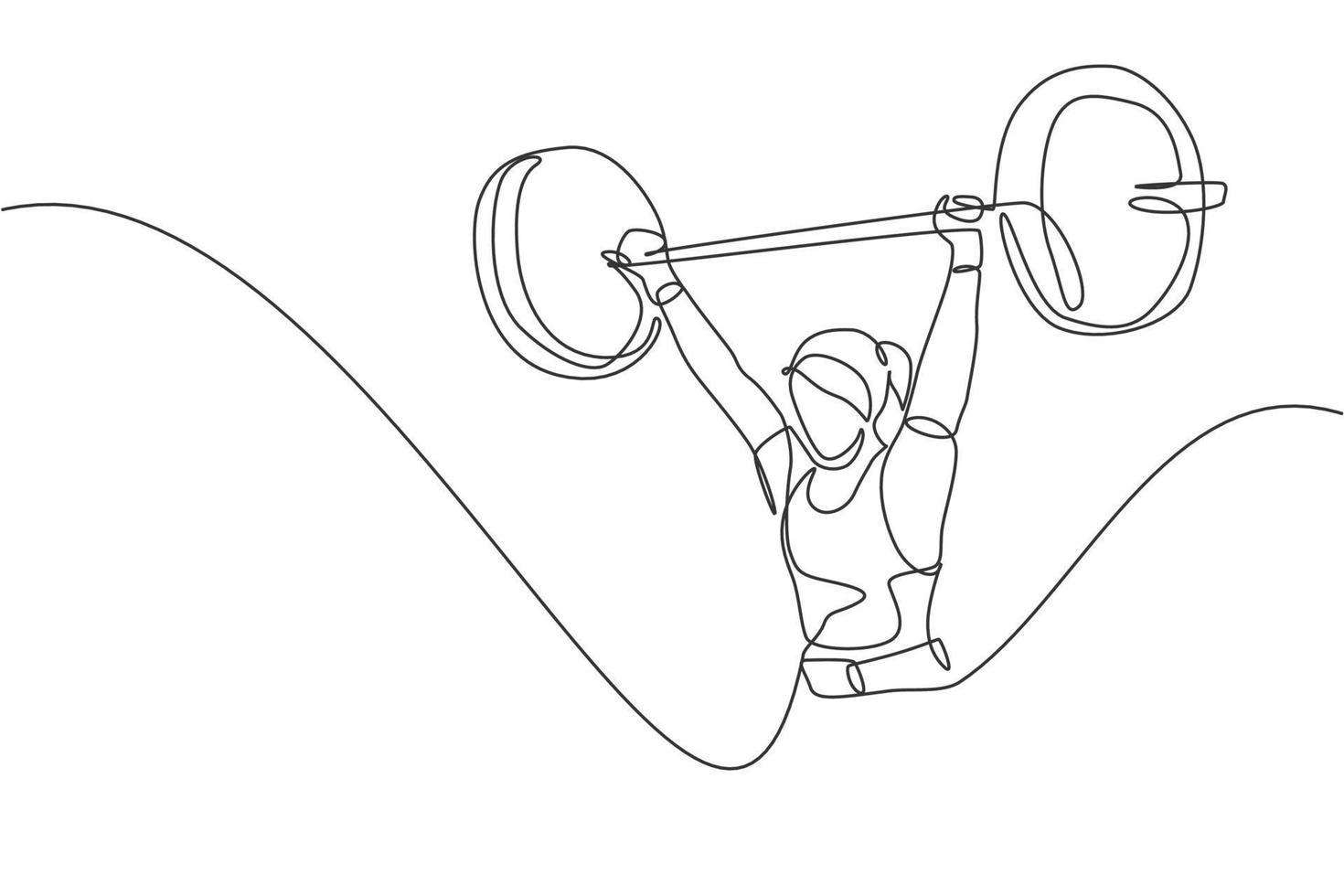 One single line drawing of fit young athlete muscular woman lifting barbells working out at a gym vector illustration. Weightlifter preparing for training concept. Modern continuous line draw design