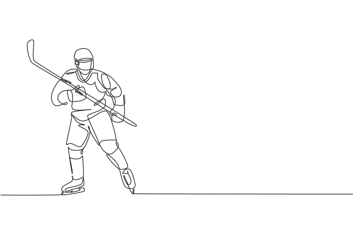 One single line drawing of young ice hockey player in action to play a competitive game on ice rink stadium vector graphic illustration. Sport tournament concept. Modern continuous line draw design