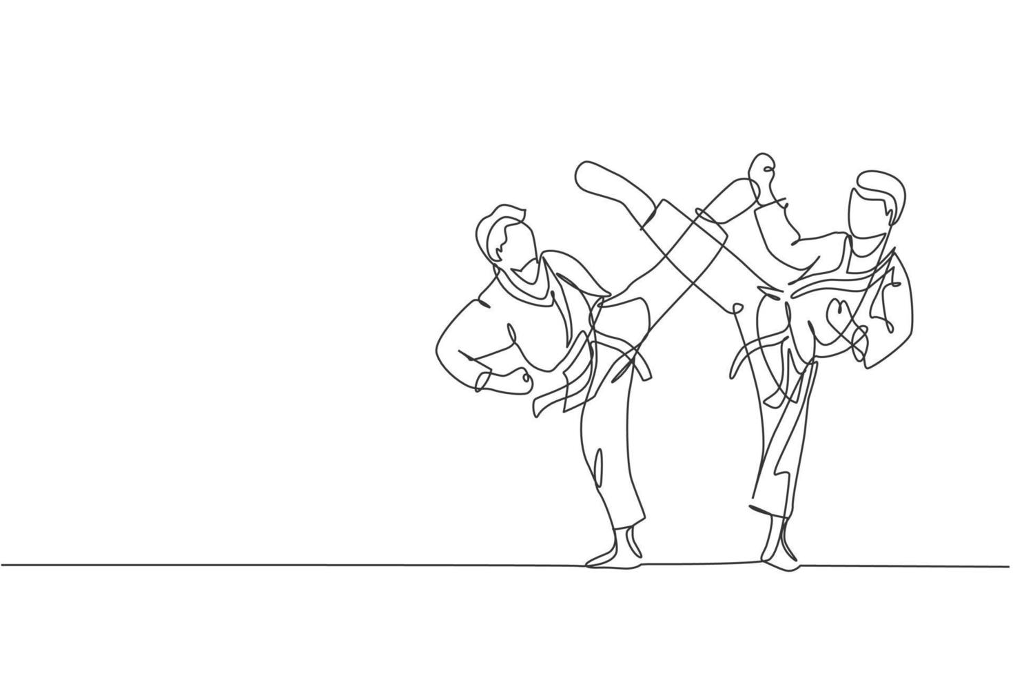 One single line drawing of two young sporty karateka men in fight uniform and belt exercising martial art at gym vector illustration. Healthy sport lifestyle concept. Modern continue line draw design