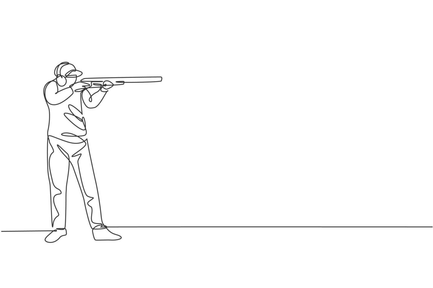 One single line drawing of young man practicing to shot target in range on shooting training ground vector illustration graphic. Clay pigeon shooting sport concept. Modern continuous line draw design