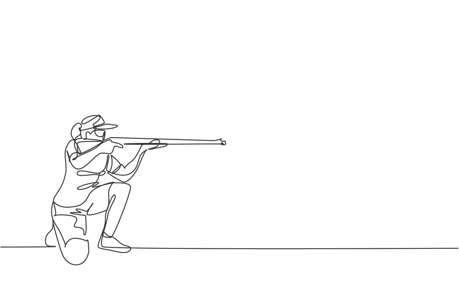 One continuous line drawing of young woman on shooting training ground practice for competition with rifle shotgun. Outdoor shooting sport concept. Dynamic single line draw design vector illustration