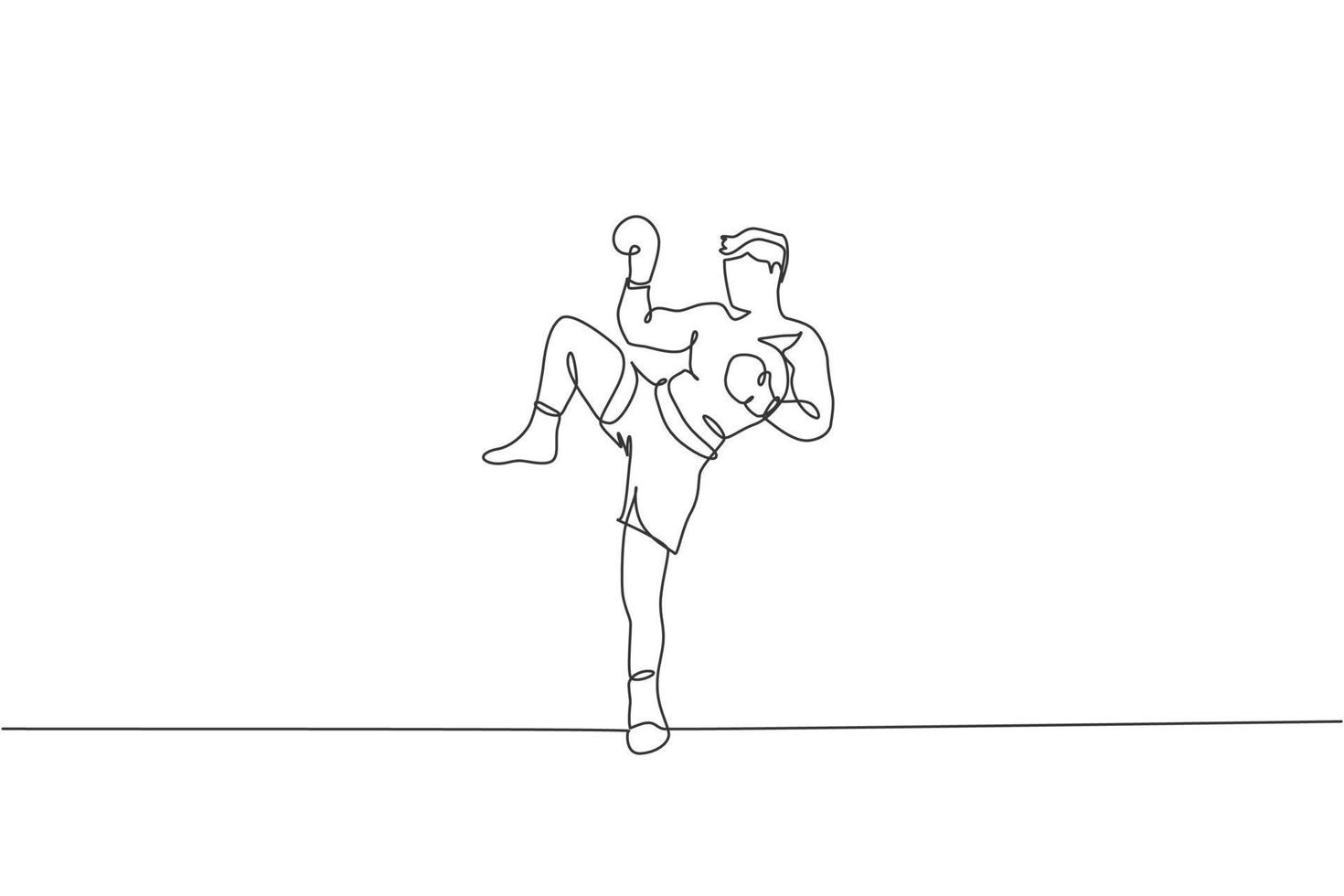 One continuous line drawing of young sporty muay thai boxer man preparing to fight, stance kick at box arena. Fighting sport game concept. Dynamic single line draw design vector illustration graphic
