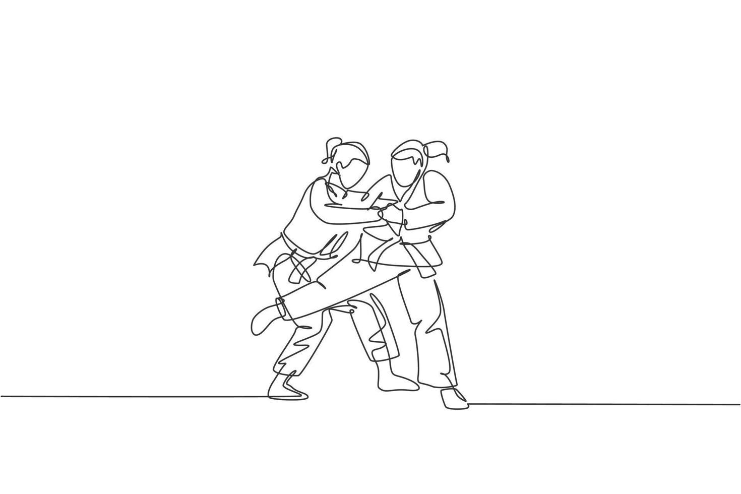 One continuous line drawing two young sporty women training judo technique at sports hall. Jiu jitsu battle fight sport competition concept. Dynamic single line draw design vector graphic illustration