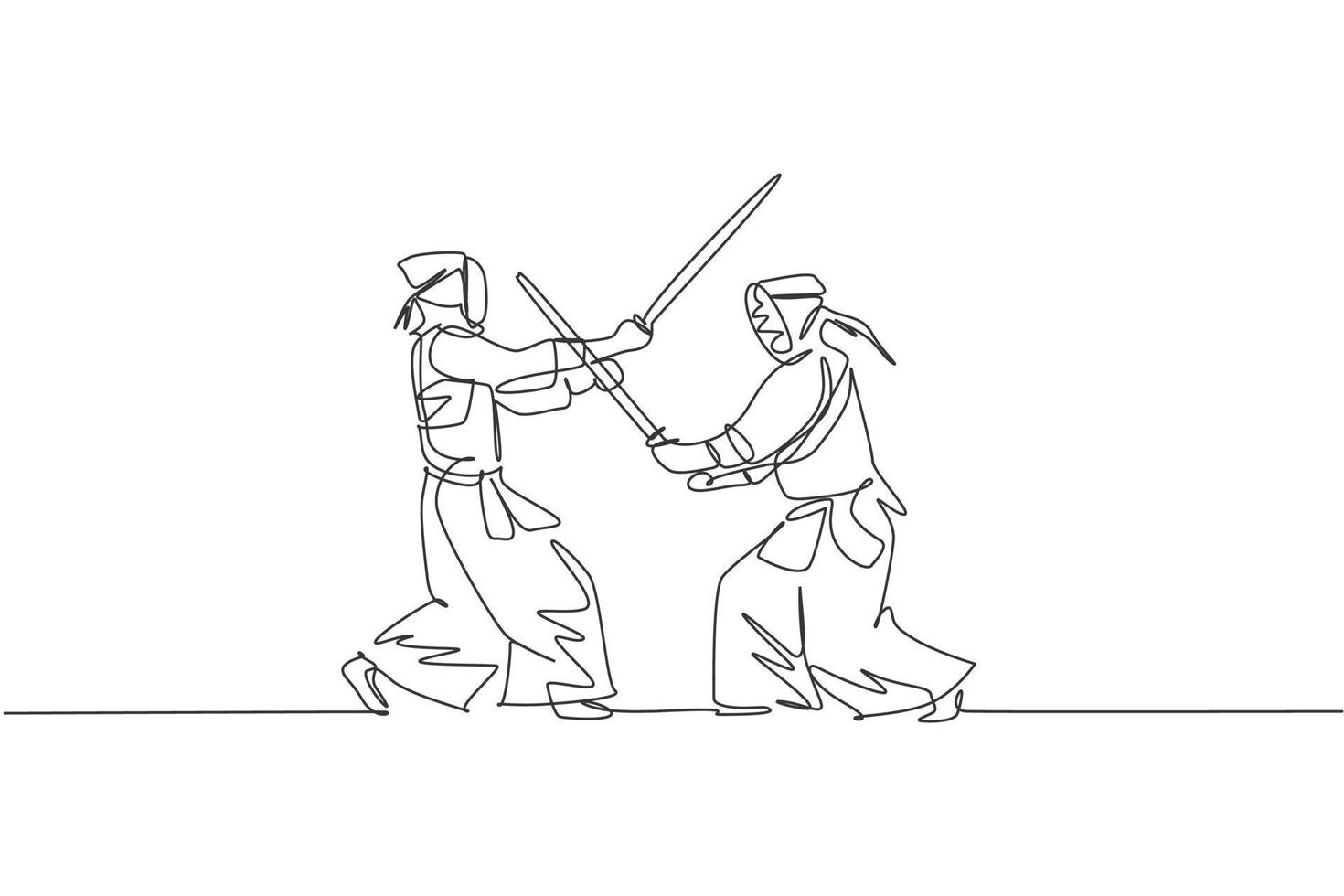One continuous line drawing of two young sporty men spare fighting kendo to improve skill in dojo center. Healthy martial art sport concept. Dynamic single line draw graphic design vector illustration