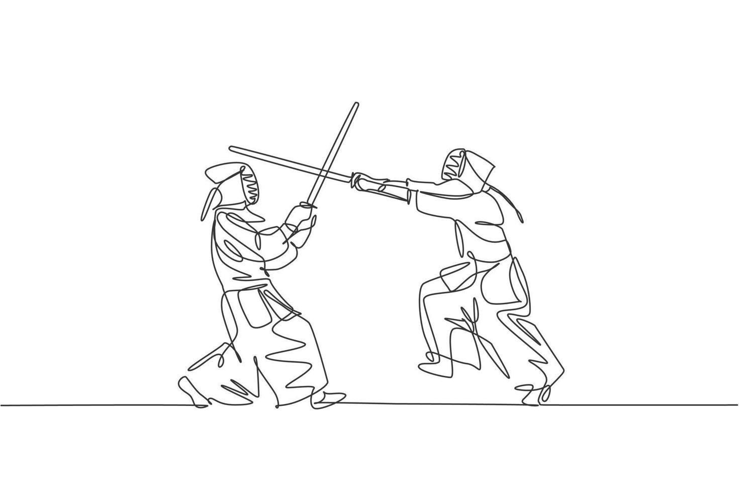 One single line drawing of two young energetic men exercise kendo combat game with wooden sword at gym center vector illustration. Combative fight sport concept. Modern continuous line draw design
