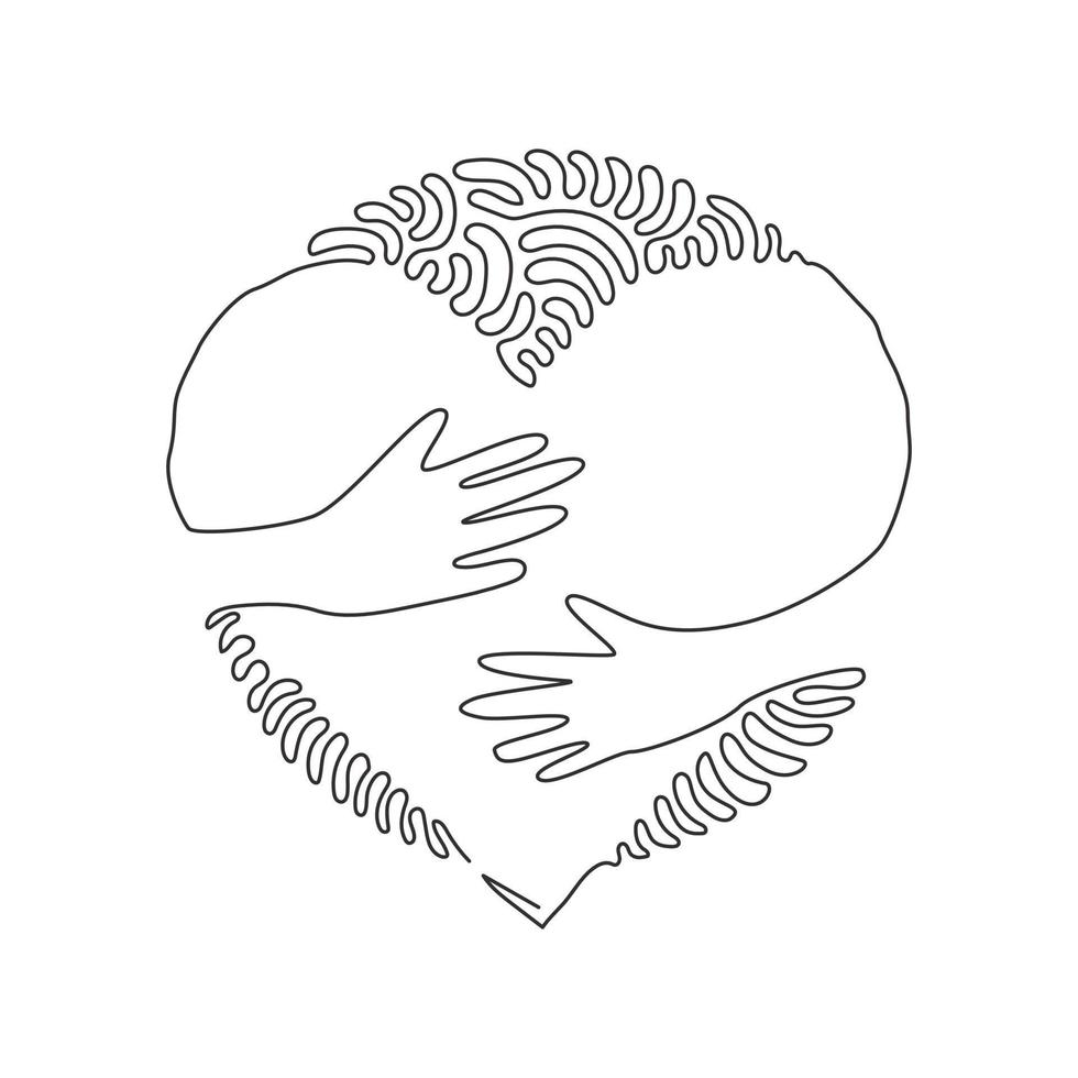 Single one line drawing embrace heart shape design vector template. Embracing icon or logo for health care symbol. Swirl curl circle background style. Modern continuous line draw design graphic vector