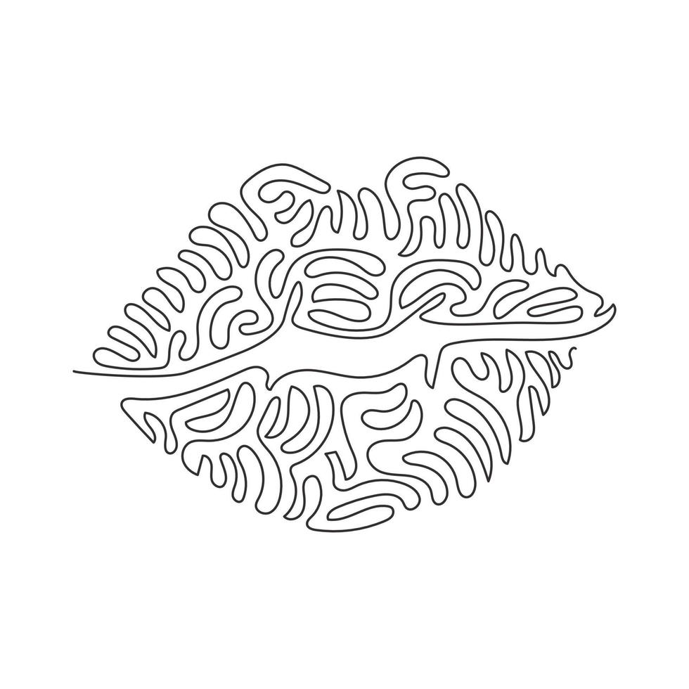 Continuous one line drawing beautiful red lips. Mark left after firm kiss is placed with bright lipstick. Kiss mark emoji. Swirl curl style. Single line draw design vector graphic illustration