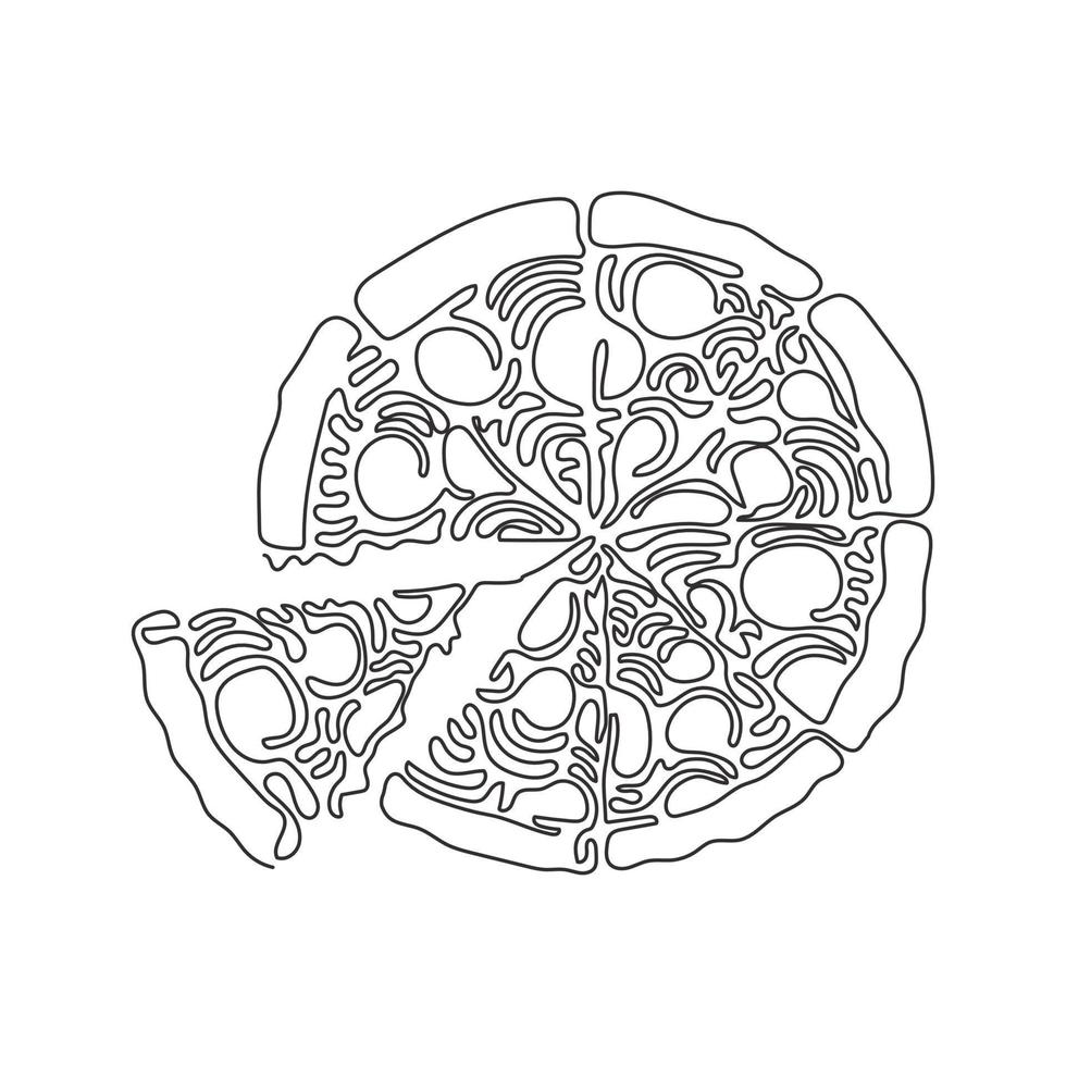 Continuous one line drawing pizza with tomato, cheese, olive, sausage, onion, basil. Delicious traditional Italian fast food. Swirl curl style. Single line draw design vector graphic illustration