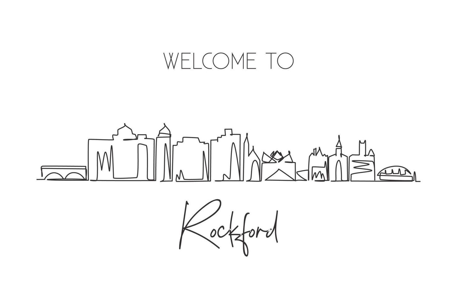 Continuous one line drawing Rockford city skyline, Illinois. Beautiful landmark. World landscape tourism travel wall decor poster print art. Stylish single line draw graphic design vector illustration