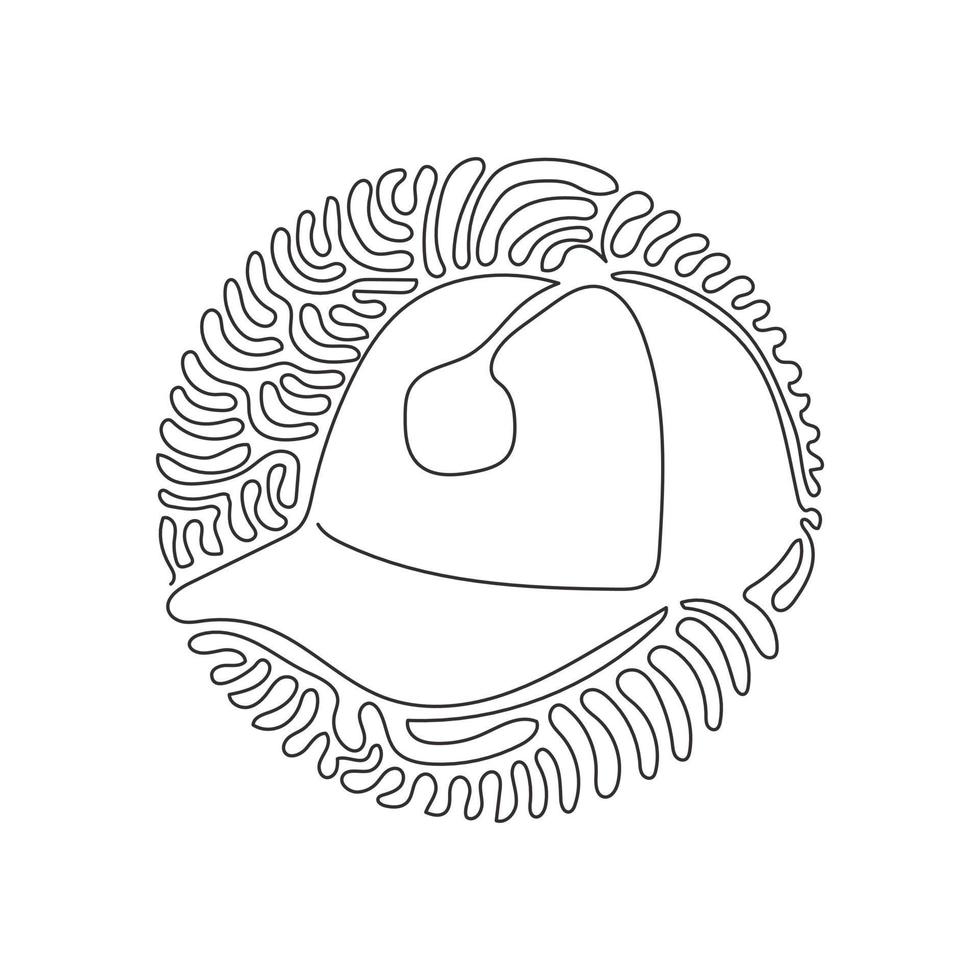 Continuous one line drawing White Baseball Cap as a sports symbol. Unisex Outdoor Sport Baseball, Golf, Tennis, Uniform Cap Hat. Swirl curl circle background style. Single line draw design vector