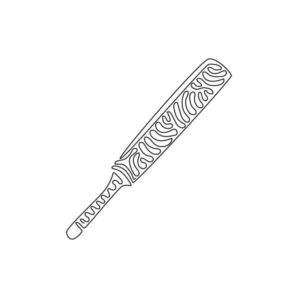 Continuous one line drawing traditional wood cricket bats. Wooden bat, game of cricket, sports equipment for cricket. Outdoor sport. Swirl curl style. Single line design vector graphic illustration