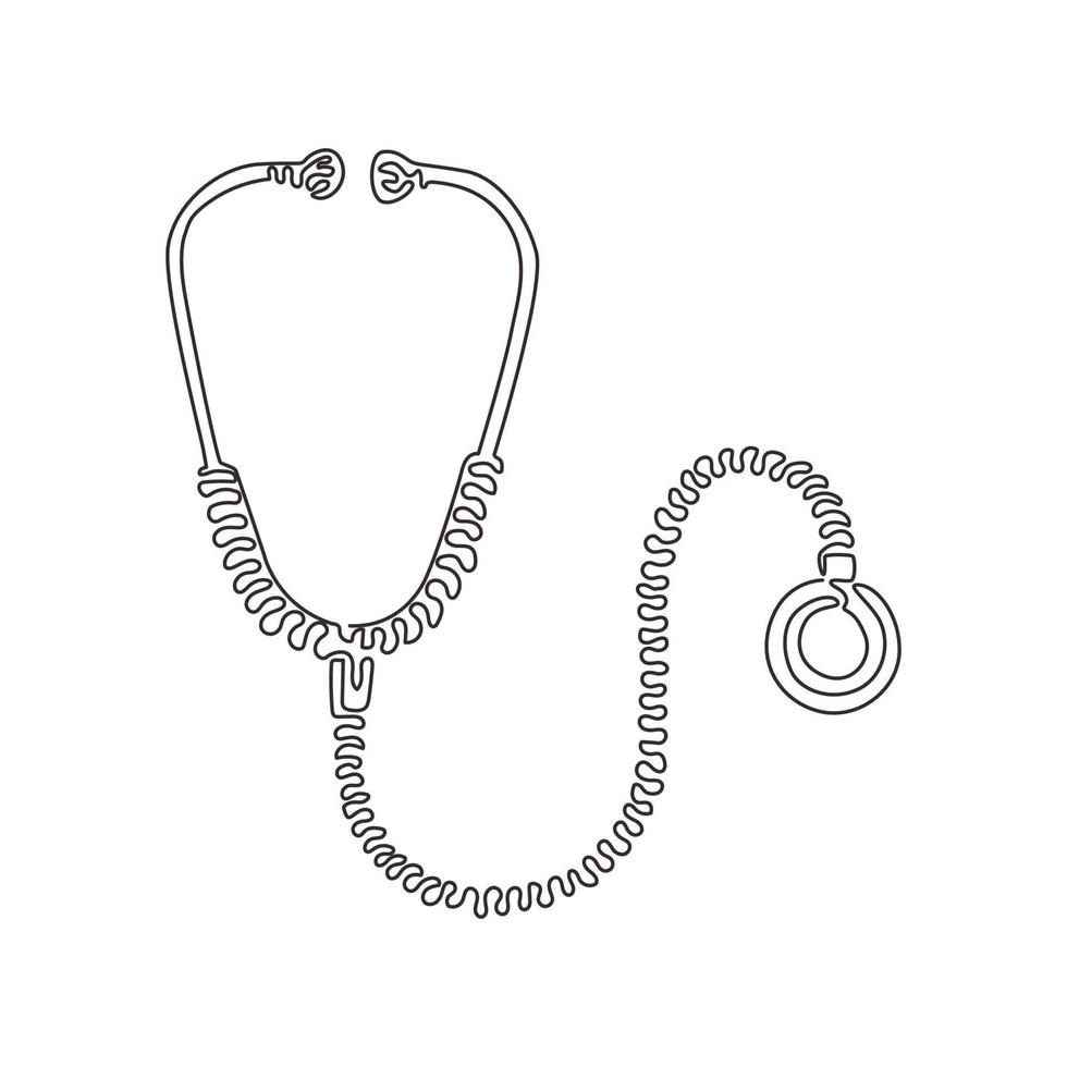 Single continuous line drawing medical icon stethoscope, diagnostic symbol. Doctor item, hospital pictogram, symbol medicine. Swirl curl style. Dynamic one line draw graphic design vector illustration