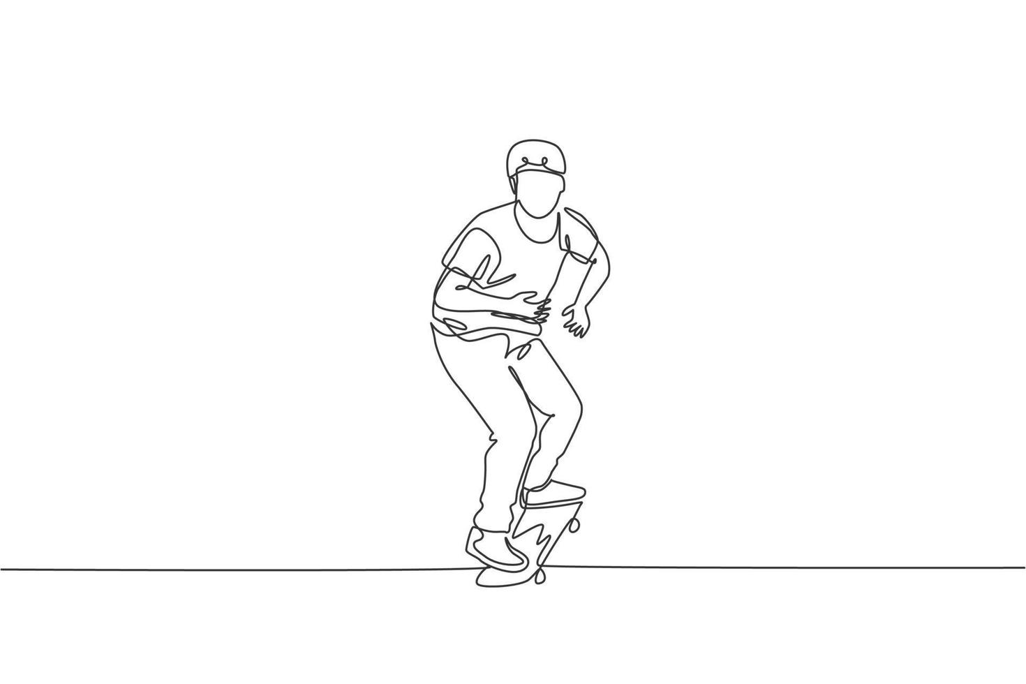 Single continuous line drawing of young cool skateboarder man riding skate and performing trick in skate park. Practicing outdoor sport concept. Trendy one line draw design vector illustration graphic