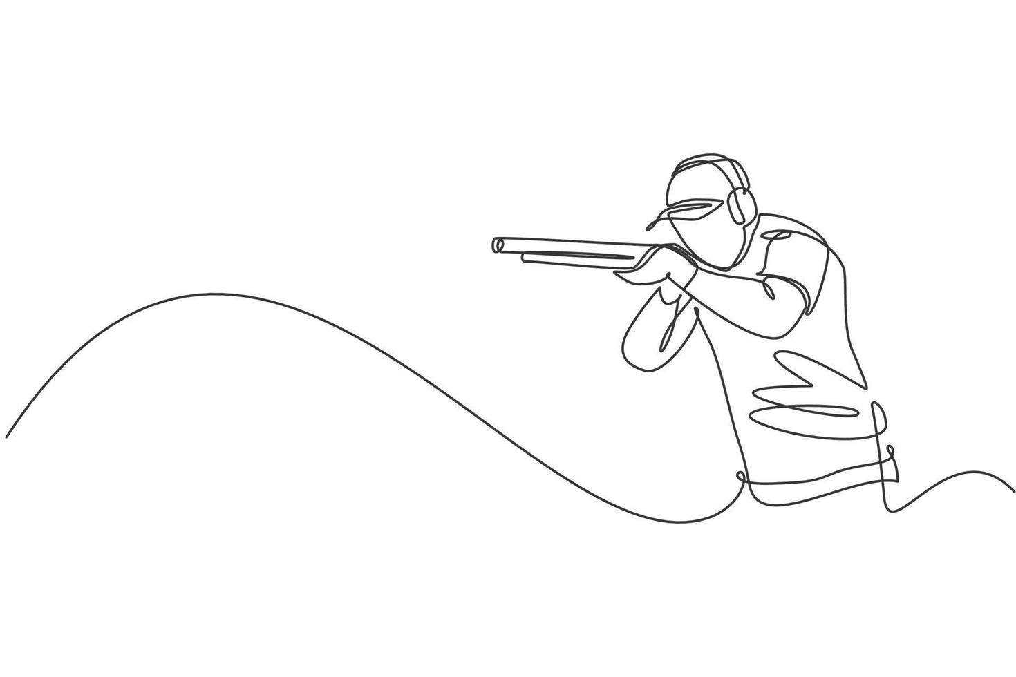 One continuous line drawing of young man on shooting training ground practice for competition with rifle shotgun. Outdoor shooting sport concept. Dynamic single line draw design vector illustration