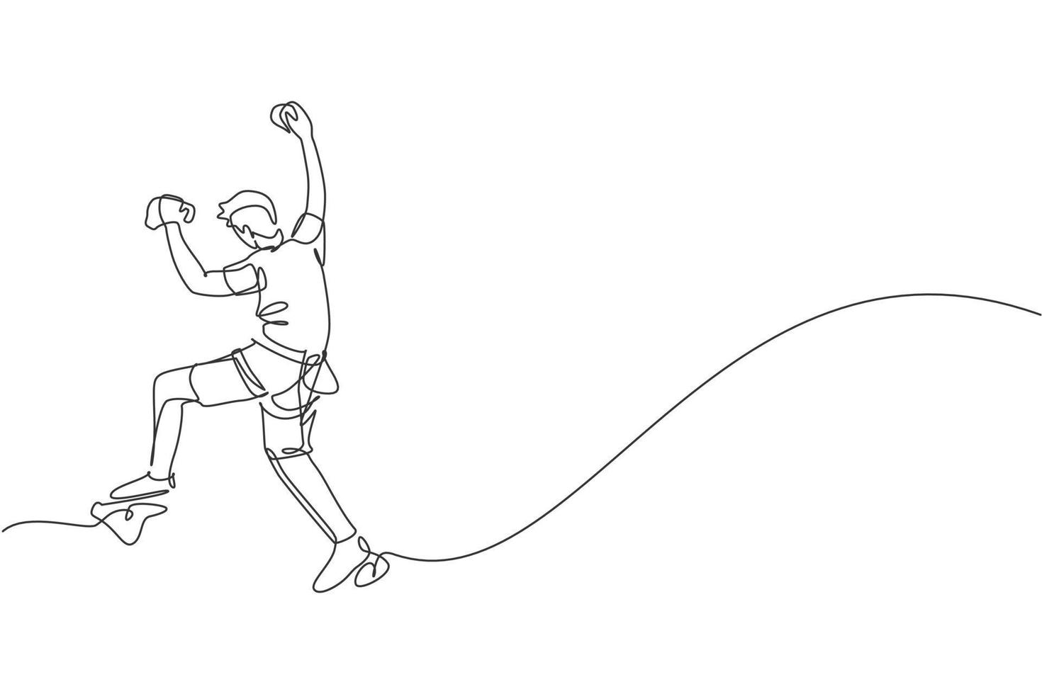 One single line drawing of young active man climbing on cliff mountain holding safety rope vector graphic illustration. Extreme outdoor sport and bouldering concept. Modern continuous line draw design