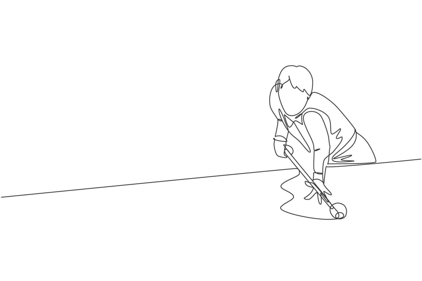 One continuous line drawing of young handsome man focus aiming before hit the pool billiard balls with stick. Tournament indoor sport game concept. Dynamic single line draw design vector illustration