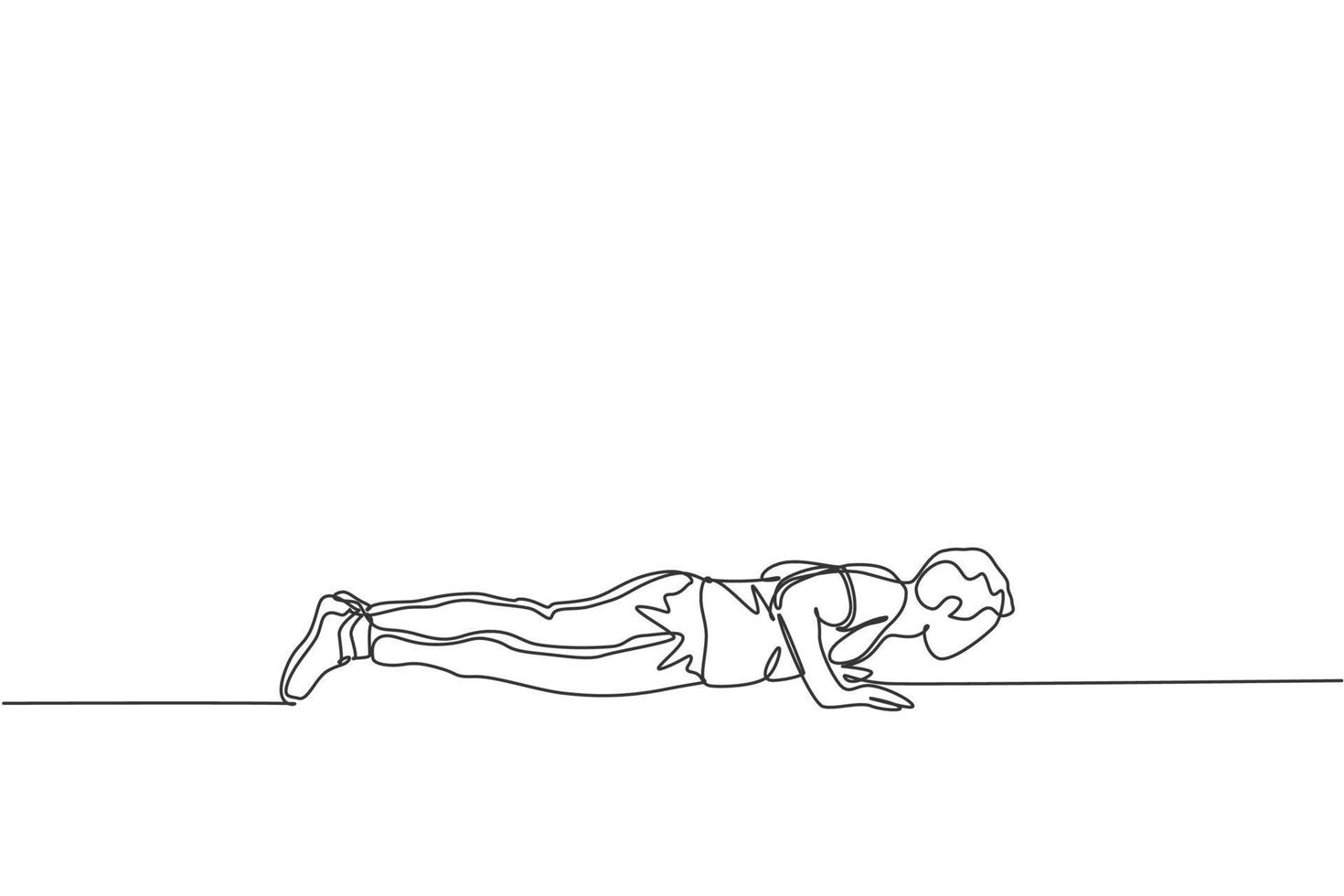 One single line drawing young man working out. Man push up in gym to strengthen body vector illustration. Fitness sport bodybuilding and healthy lifestyle concept. Modern continuous line draw design