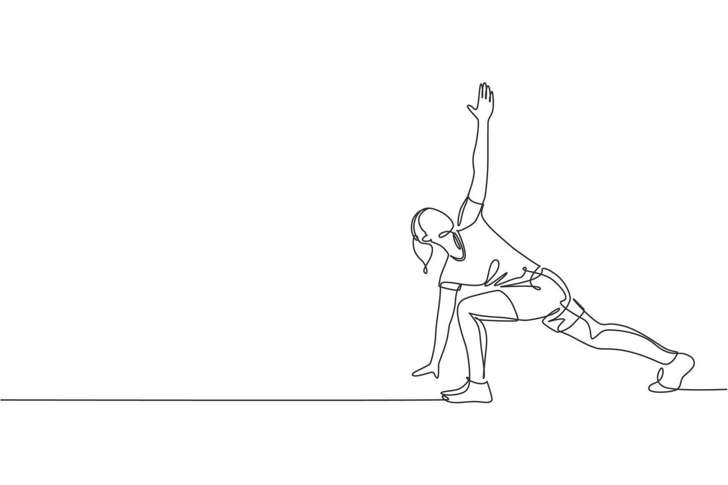 dibujo de una sola línea continua de una joven mujer deportiva entrenando una pose de molino de viento lateral en el centro del club de gimnasio deportivo. concepto de estiramiento de fitness. ilustración de vector de diseño de dibujo de una línea de moda