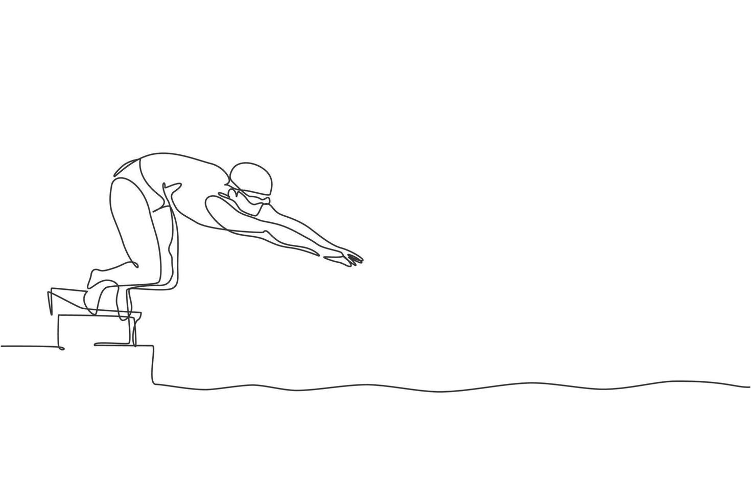 One single line drawing of young sporty fit swimmer ready to jump to swimming pool indoor pool sport center vector illustration. Healthy lifestyle and sport concept. Modern continuous line draw design
