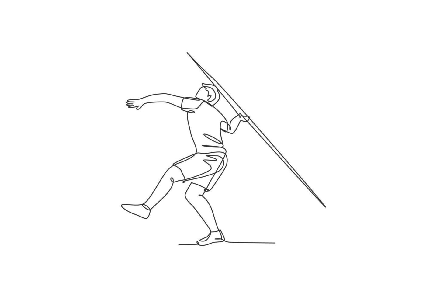 One single line drawing of young energetic man exercise aiming javelin throw to target area graphic vector illustration. Healthy lifestyle athletic sport concept. Modern continuous line draw design