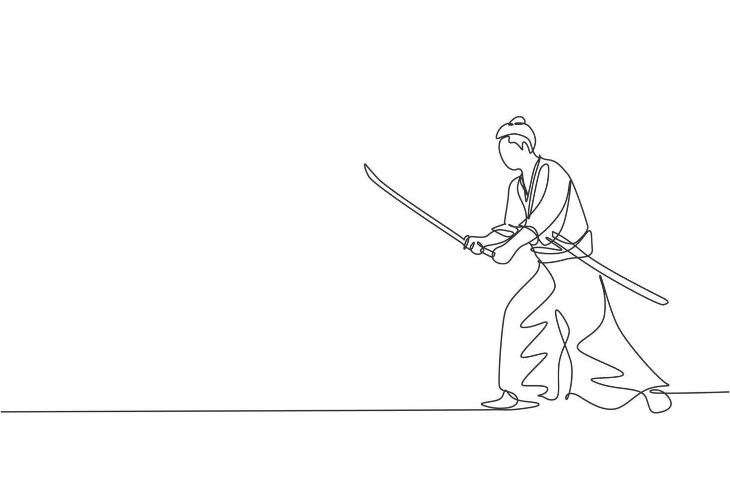 One continuous line drawing of young bravery samurai warrior pose ready to attack at training session. Martial art combative sport concept. Dynamic single line draw design vector graphic illustration