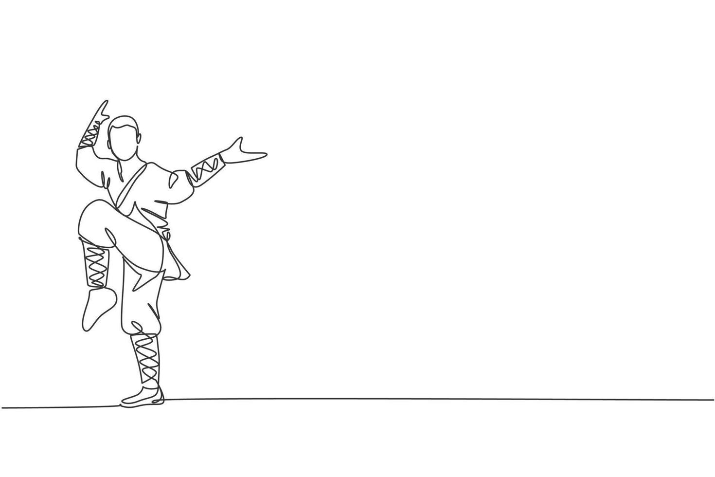 One single line drawing young energetic shaolin monk man exercise kung fu fighting at temple graphic vector illustration. Ancient Chinese martial art sport concept. Modern continuous line draw design