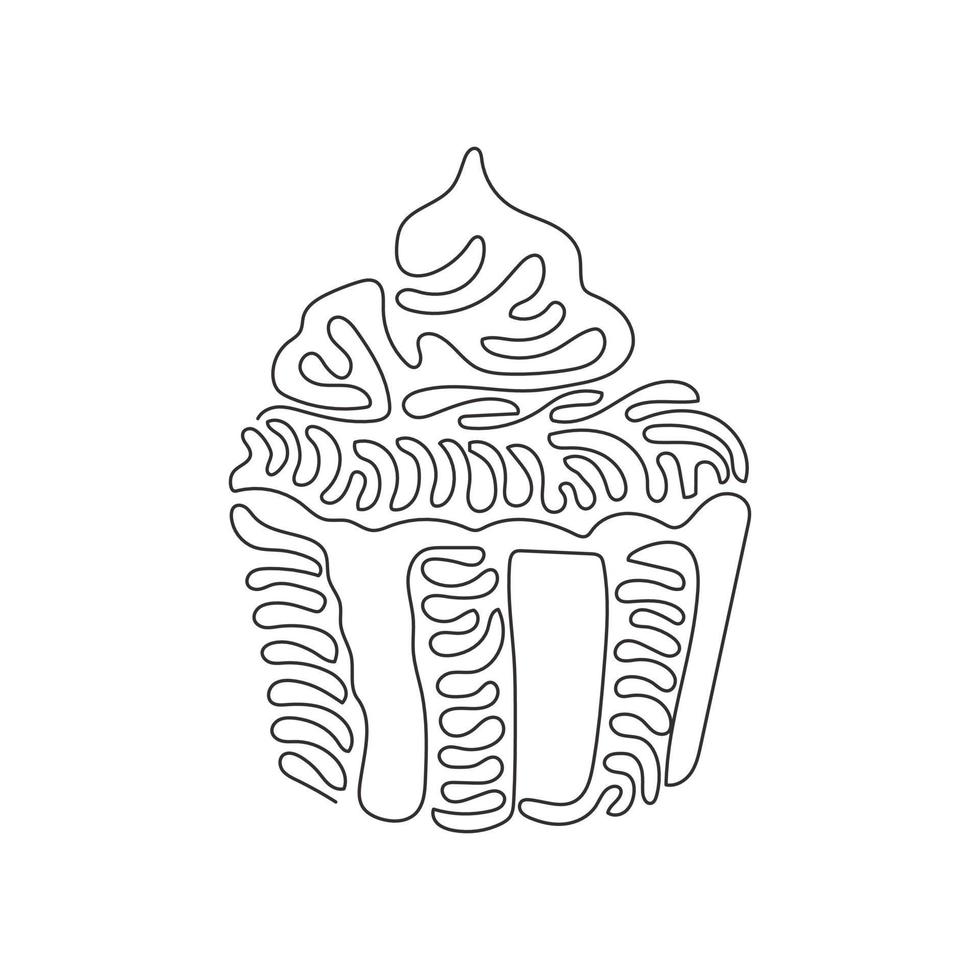 Continuous one line drawing yummy cupcake. Sweet tasty cake. Delicious dessert for dinner in restaurant. Snack in birthday party. Swirl curl style. Single line draw design vector graphic illustration