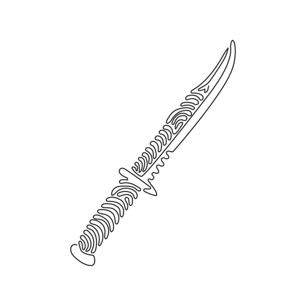 Single one line drawing marine combat knives. Military combat knife, knife of marine corps and U.S. Navy. Swirl curl style. Modern continuous line draw design graphic vector illustration