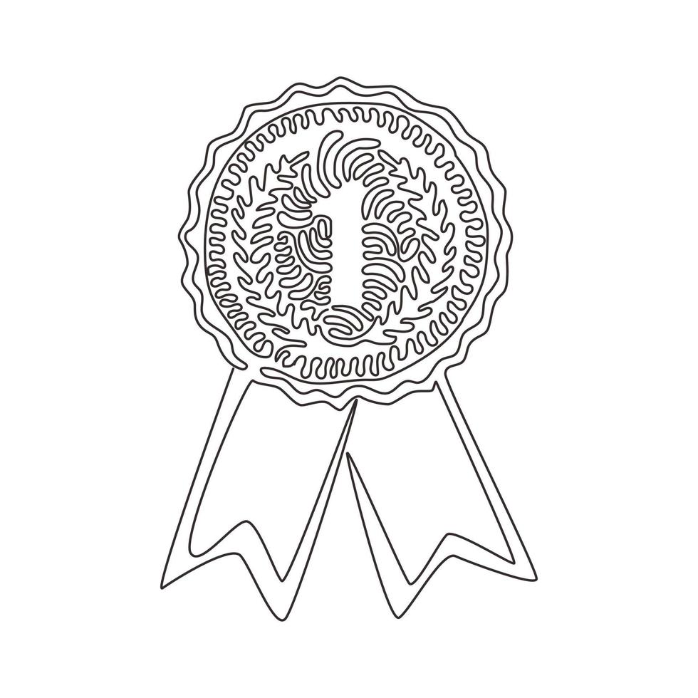 Single continuous line drawing gold medal, winner award. Circle awards with ribbons and numbers one icon. Achievement symbol. Swirl curl style. Dynamic one line draw graphic design vector illustration