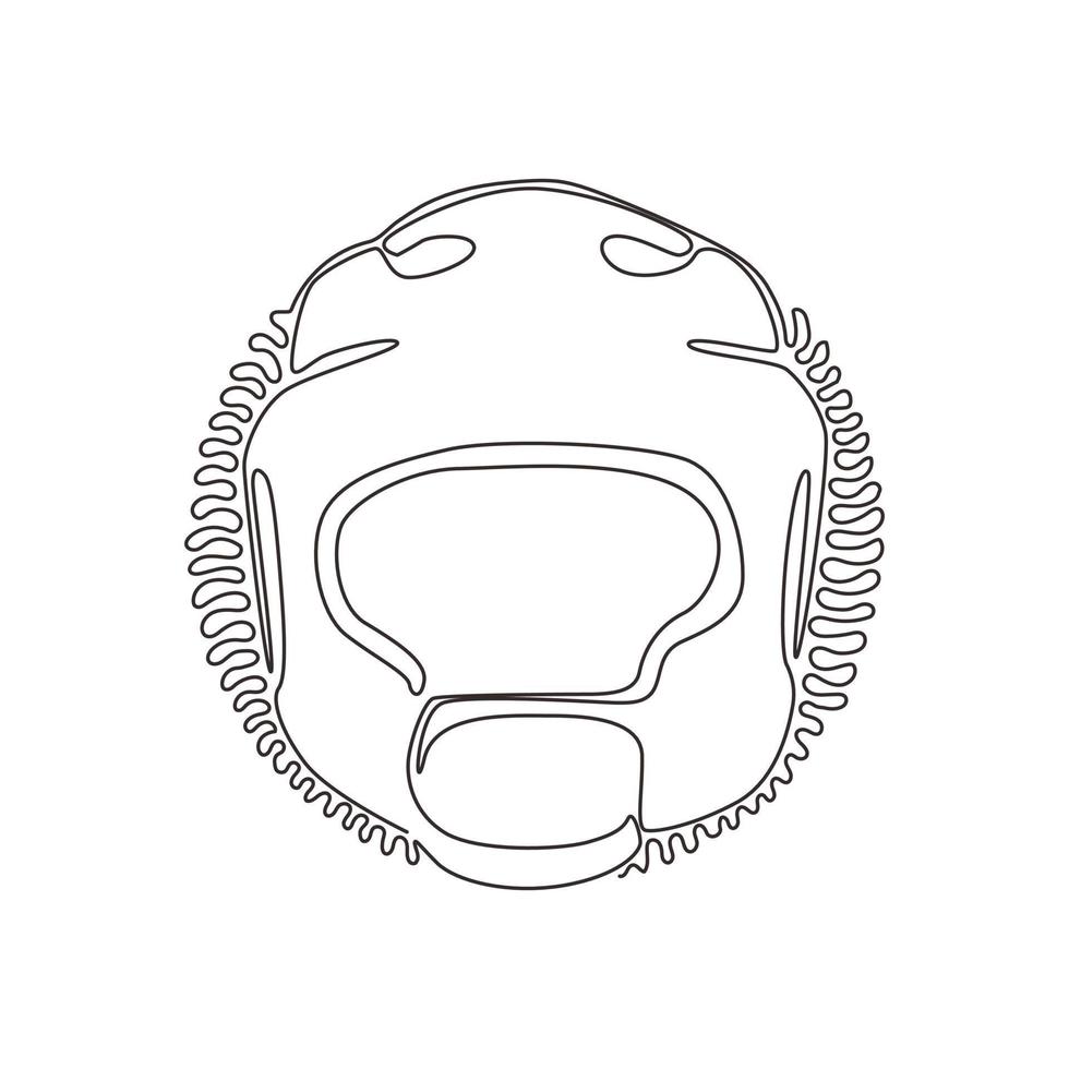 Vista frontal del símbolo plano del casco de boxeo de dibujo de una sola línea continua. gorro de gimnasia blanco de protección. icono de deporte de máscara de hombre uniforme. estilo de fondo de círculo de rizo de remolino. vector de diseño gráfico de dibujo de una línea