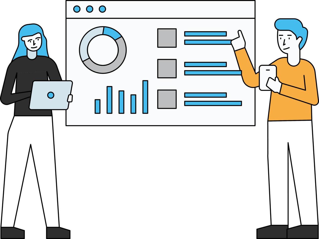 Boy and girl working on web page charts. vector