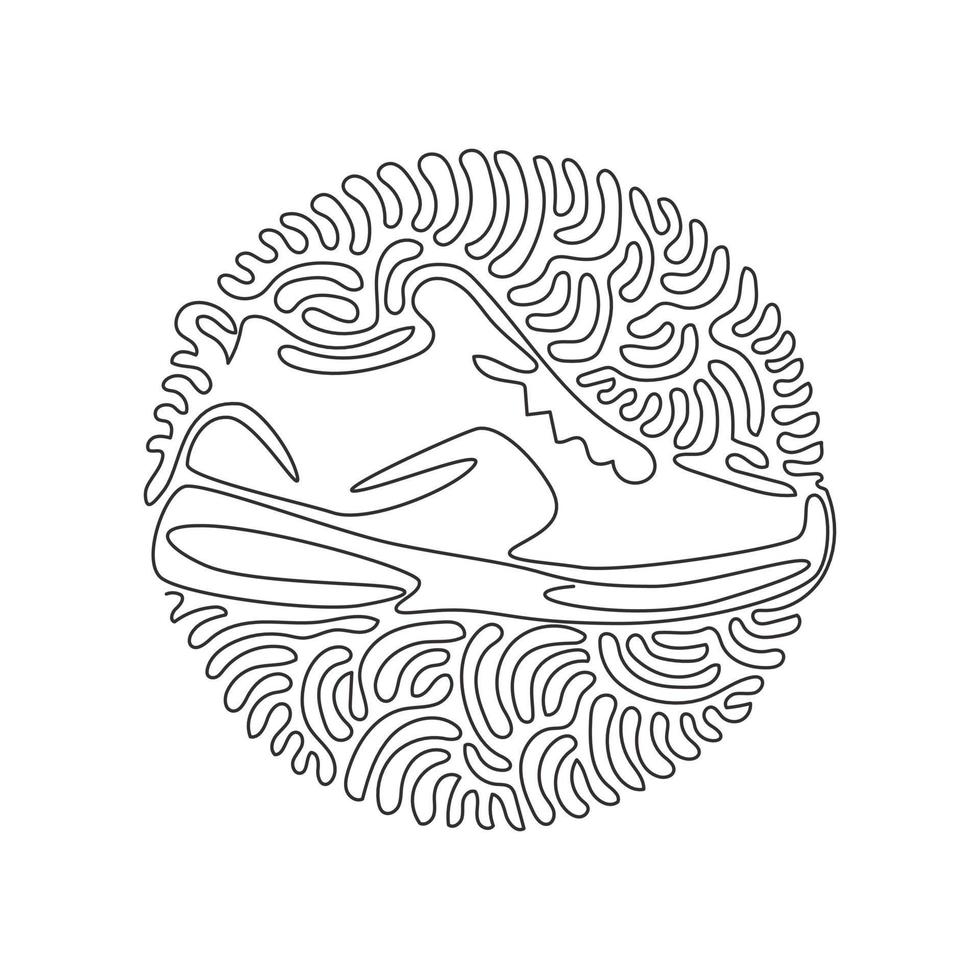 Single continuous line drawing fitness sneakers shoes for training. Sport running shoe for training and fitness. Swirl curl circle background style. One line draw graphic design vector illustration