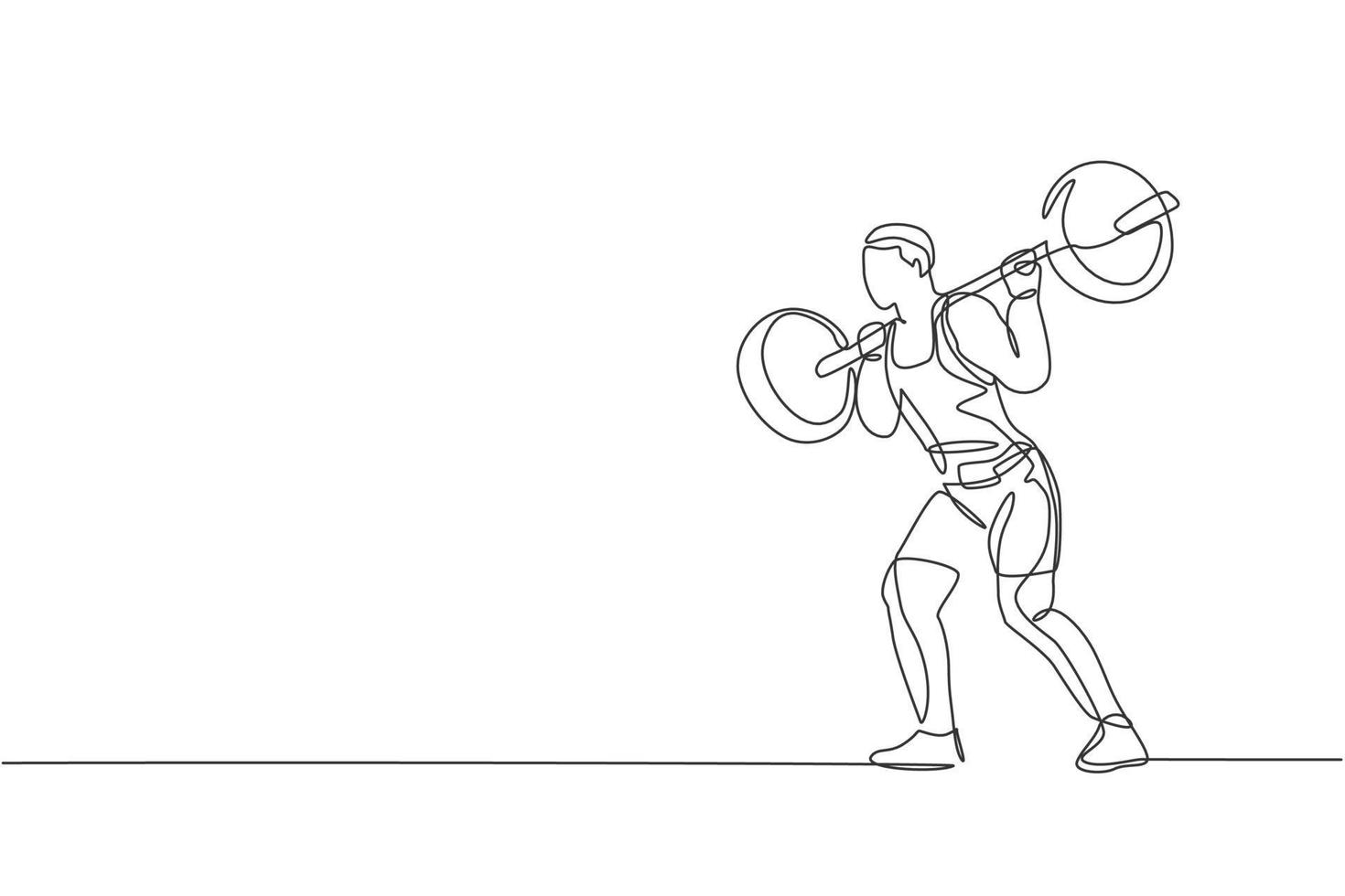 Single continuous line drawing of young strong weightlifter man preparing for barbell workout in gym. Weight lifting training concept. Trendy one line draw design vector illustration graphic