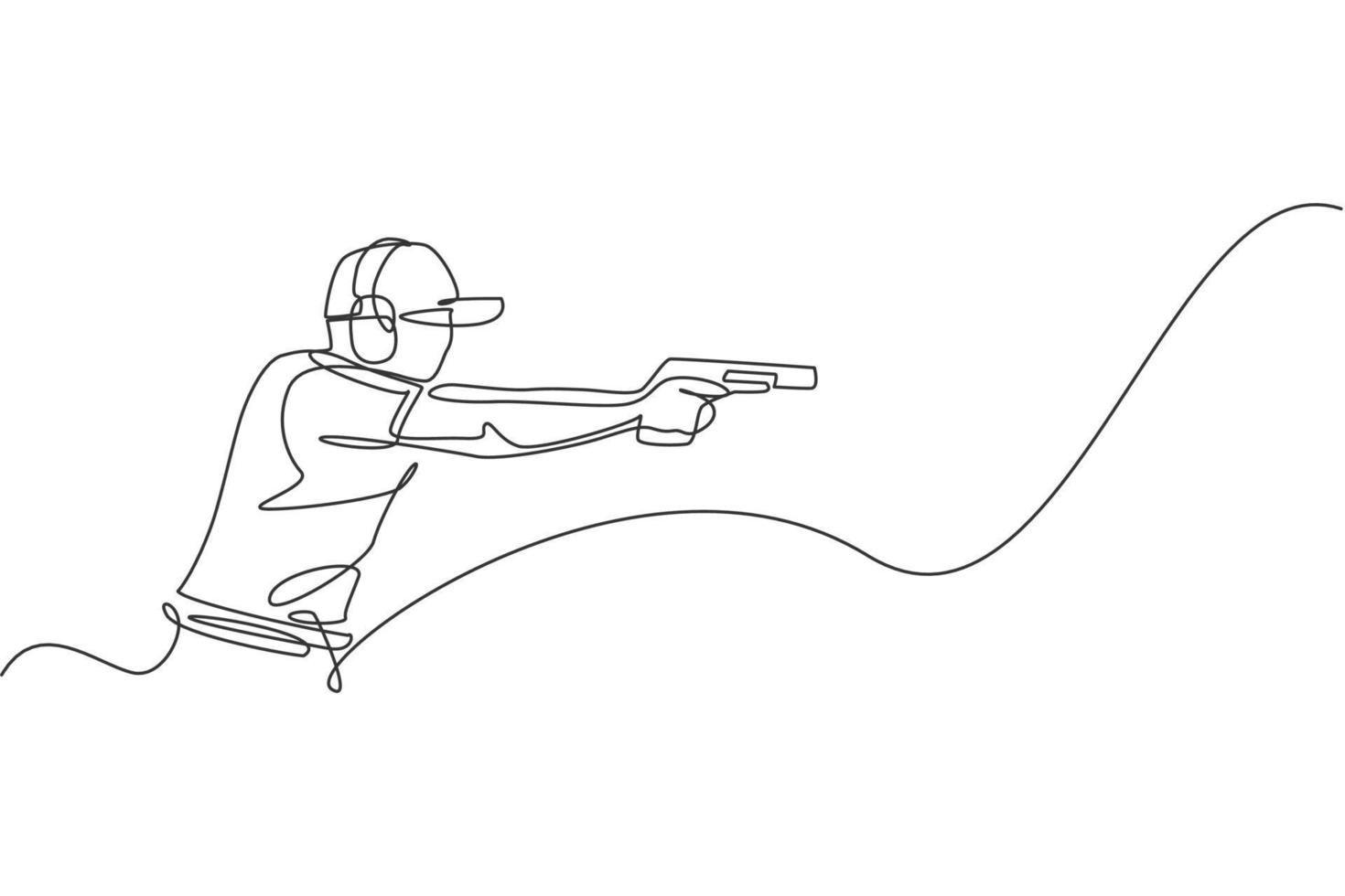 Single continuous line drawing of young athlete man shooter holding gun and training to aim target tactical shooting. Shooting sport training concept. Trendy one line draw design vector illustration