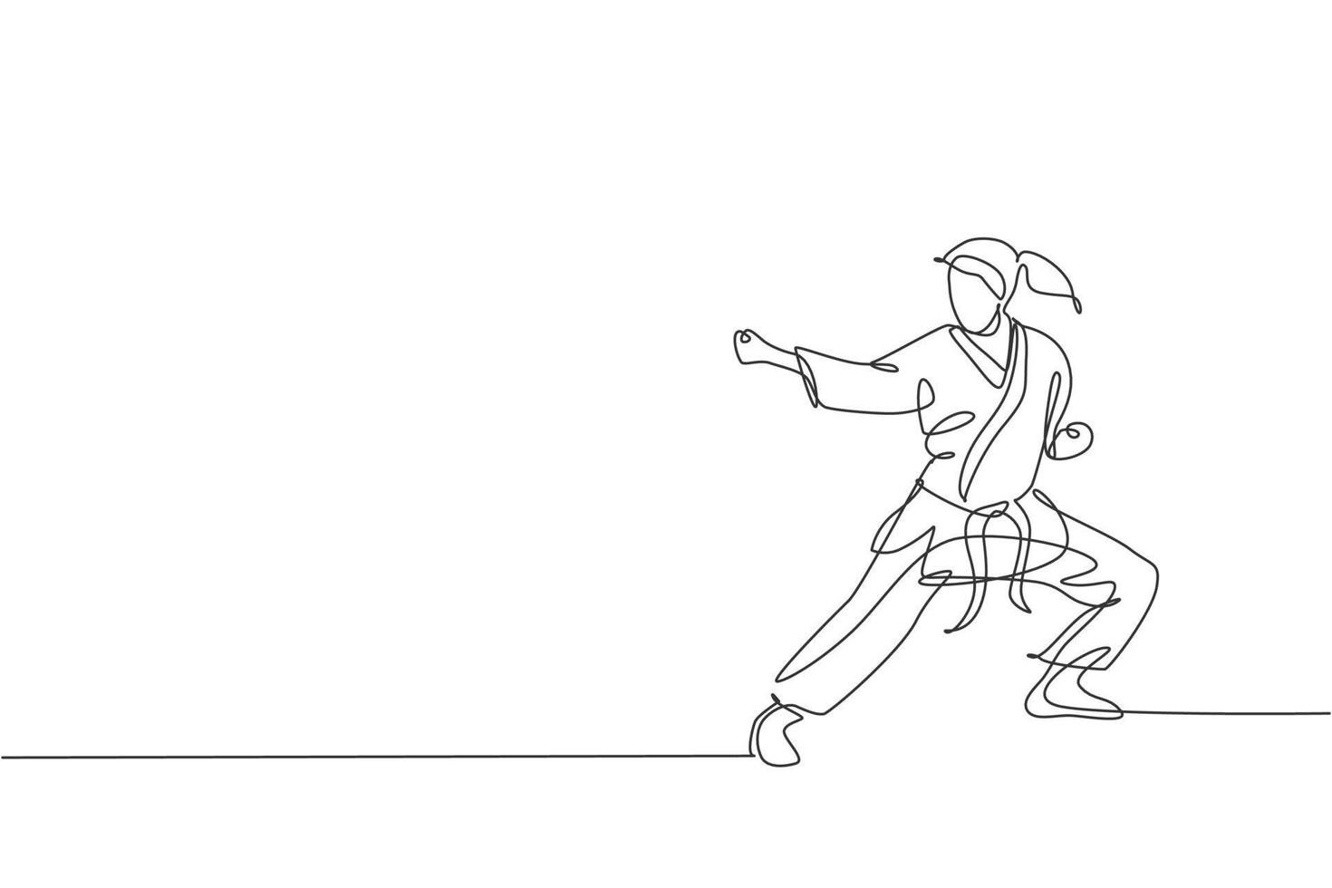 un dibujo de una sola línea de una joven karateka deportiva con uniforme de lucha con cinturón ejerciendo arte marcial en la ilustración vectorial del gimnasio. concepto de estilo de vida deportivo saludable. diseño moderno de dibujo de línea continua vector