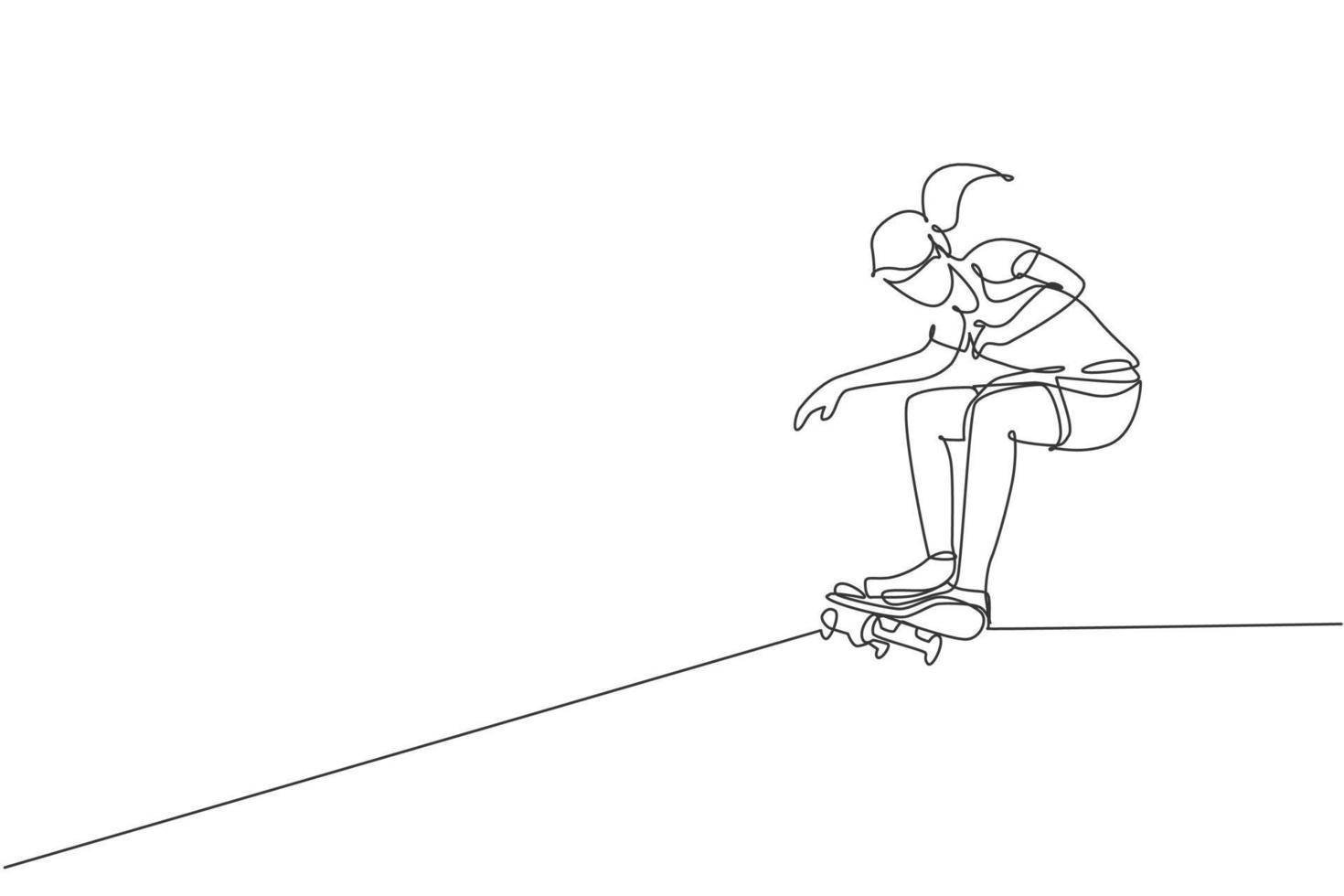 Una sola línea continua dibujando a una joven patinadora genial montando patines y realizando trucos en el parque de patinaje. practicando el concepto de deporte al aire libre. Ilustración de vector gráfico de diseño de dibujo de una línea de moda