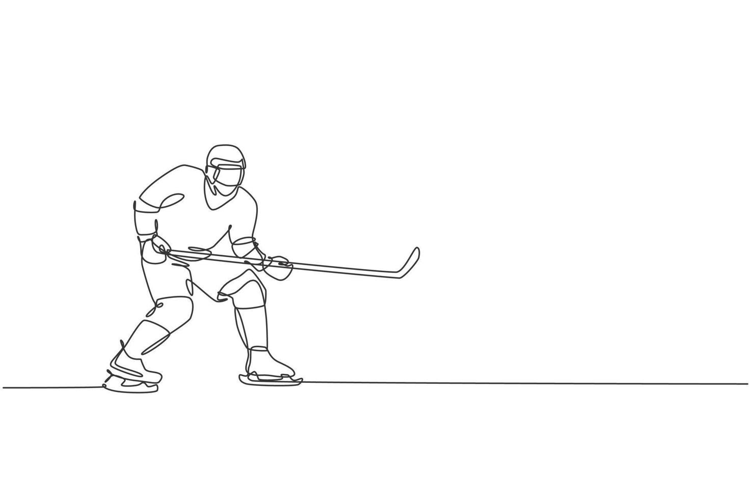 dibujo de una sola línea continua de un joven jugador profesional de hockey sobre hielo que plantea la defensa de la postura en la arena de la pista de hielo. concepto de deporte extremo de invierno. ilustración gráfica de vector de diseño de dibujo de una línea de moda