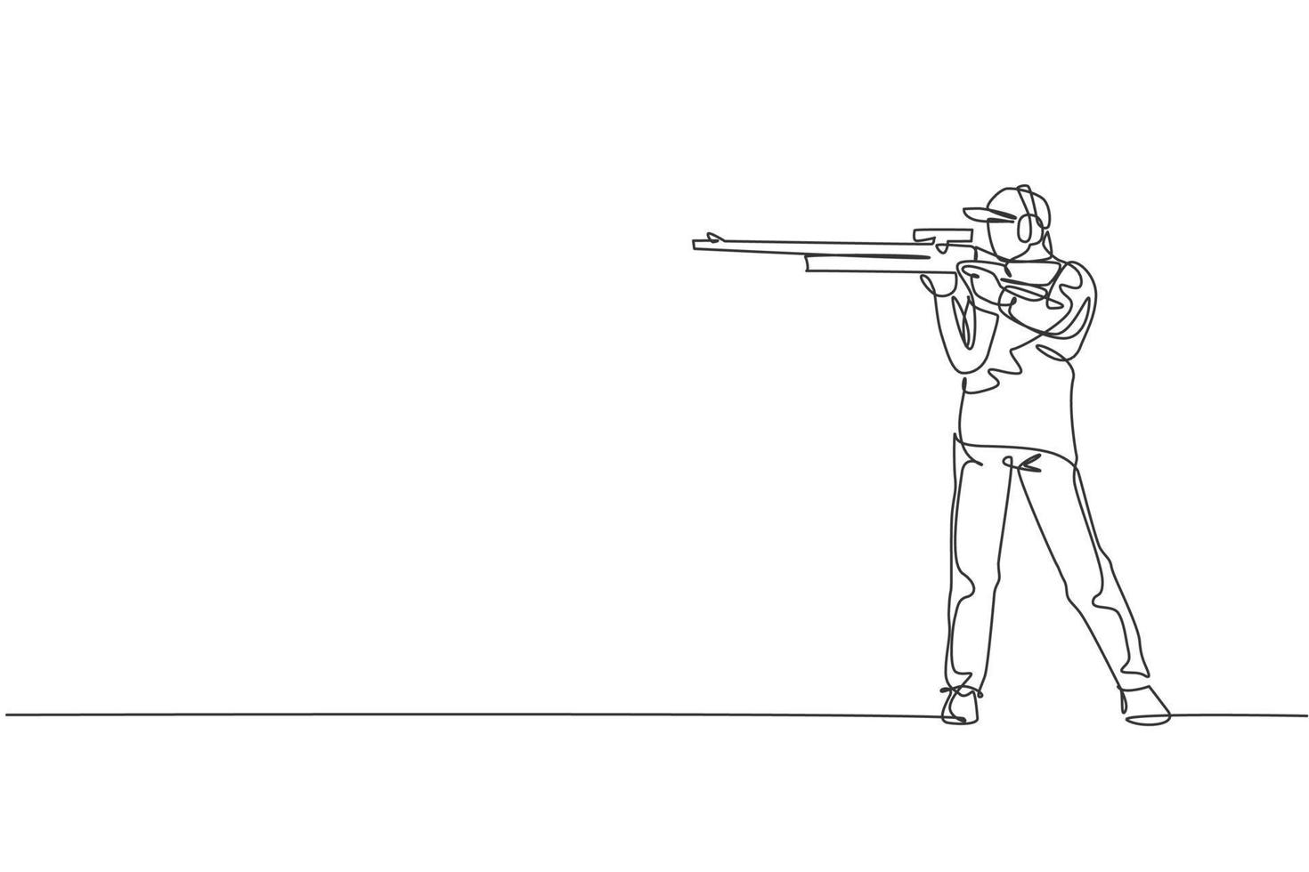 una línea continua dibujando a un joven en la práctica del campo de entrenamiento de tiro para competir con un rifle. concepto de deporte de tiro al aire libre. Ilustración de vector de diseño gráfico de dibujo de línea única dinámica