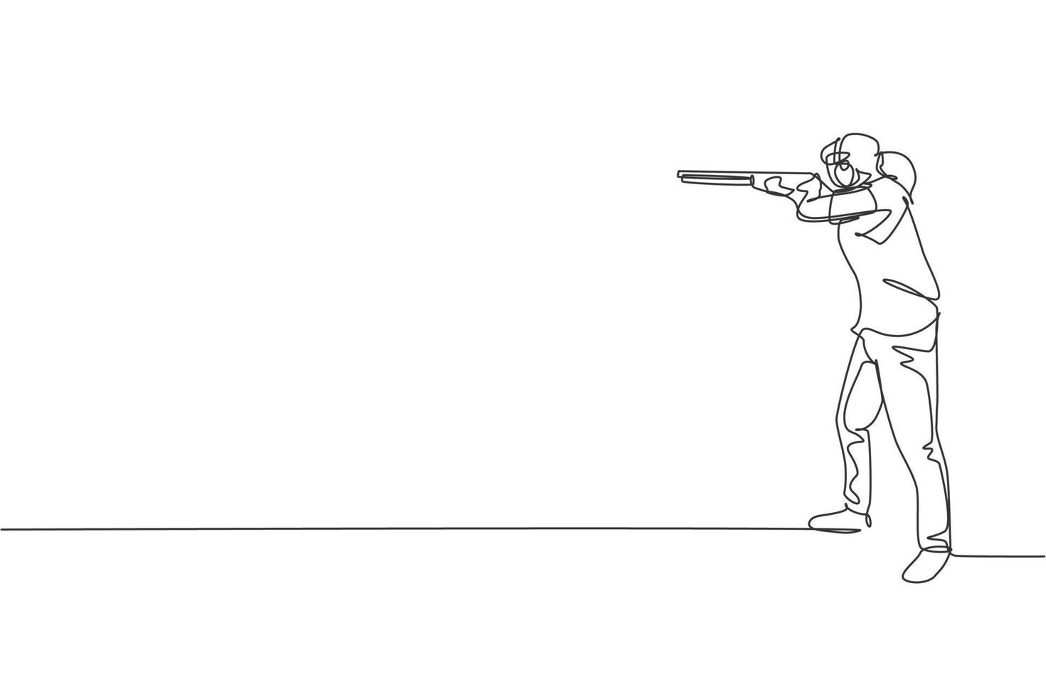 una sola línea dibujando a una mujer joven practicando para disparar al objetivo en el rango de tiro en el campo de entrenamiento ilustración vectorial gráfica. concepto deportivo de tiro al plato. diseño moderno de dibujo de línea continua vector