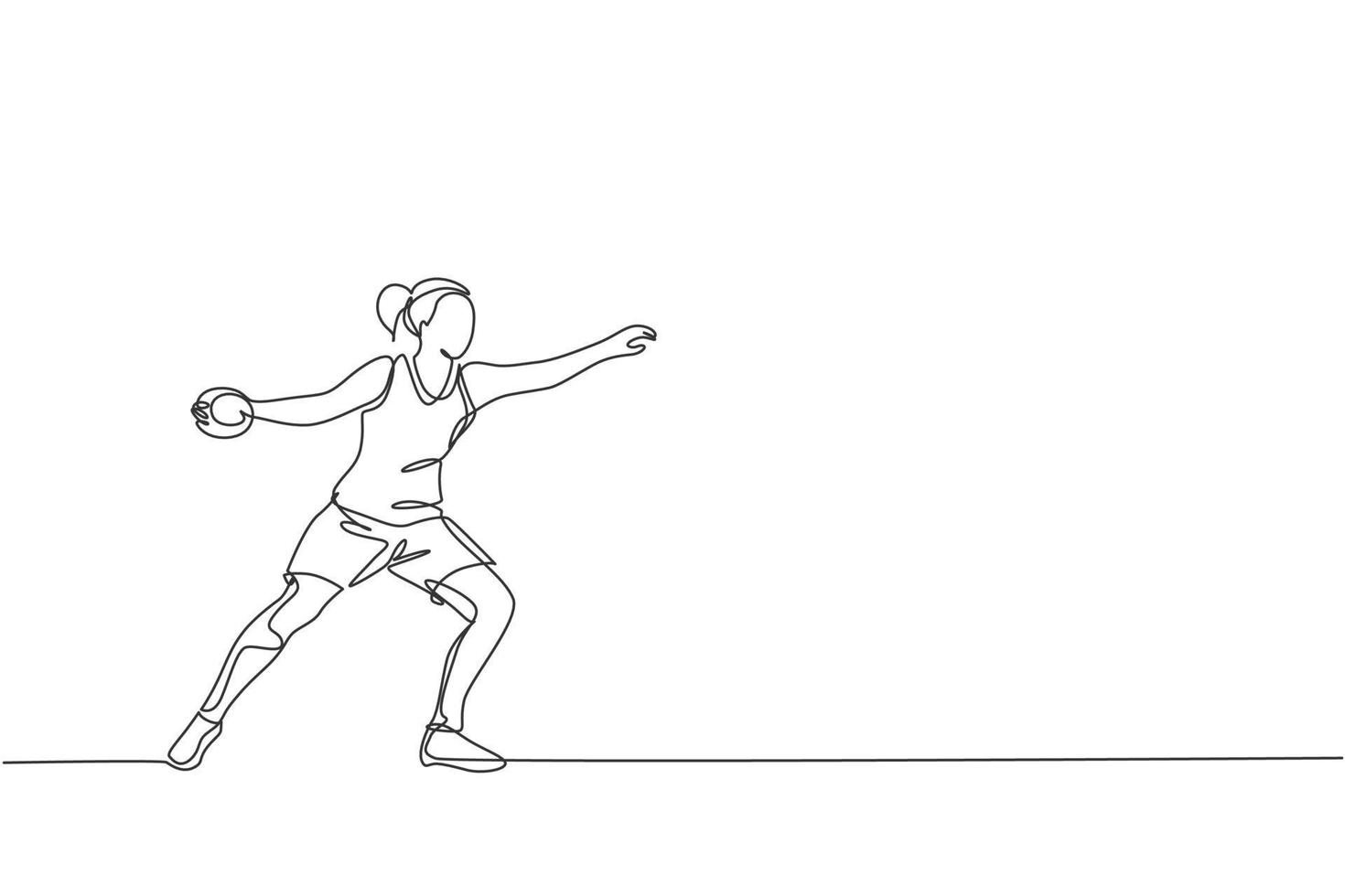 One continuous line drawing of young sporty woman exercise to throw discus powerfully on the field. Athletic games. Olympic sport concept. Dynamic single line draw design vector illustration graphic