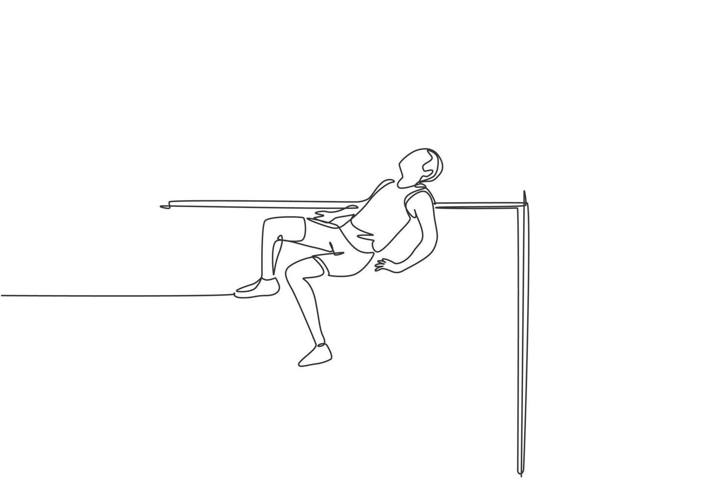 Single continuous line drawing of young sportive man training to pass the bar in high jump game in the field. Healthy athletic sport concept. Tournament event. One line draw design vector illustration