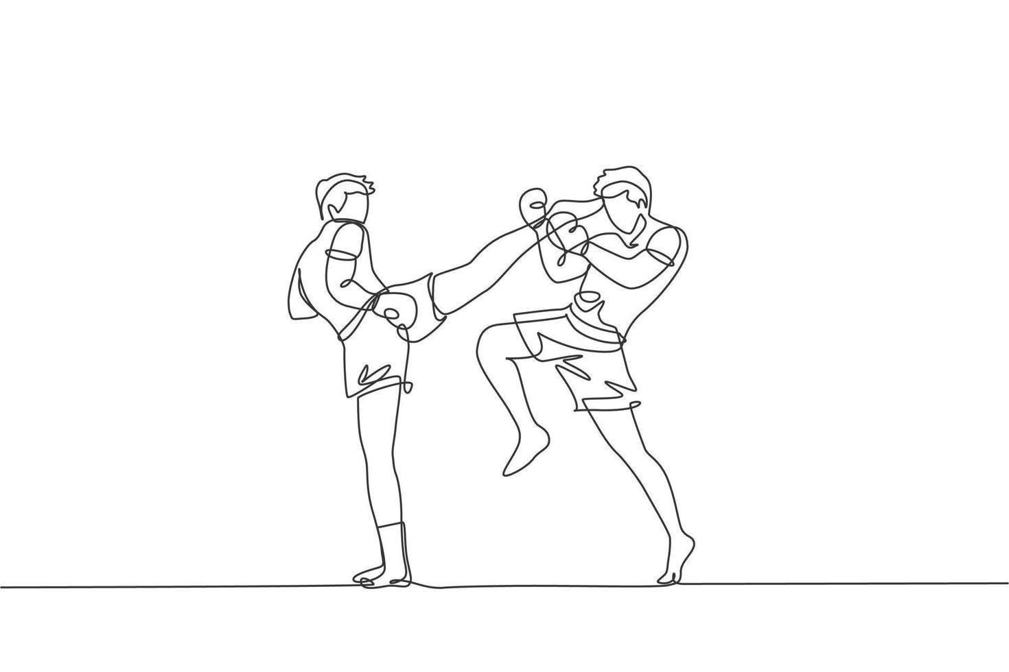 One single line drawing of young energetic muay thai fighter man exercising at gym fitness graphic center vector illustration. Combative thai boxing sport concept. Modern continuous line draw design