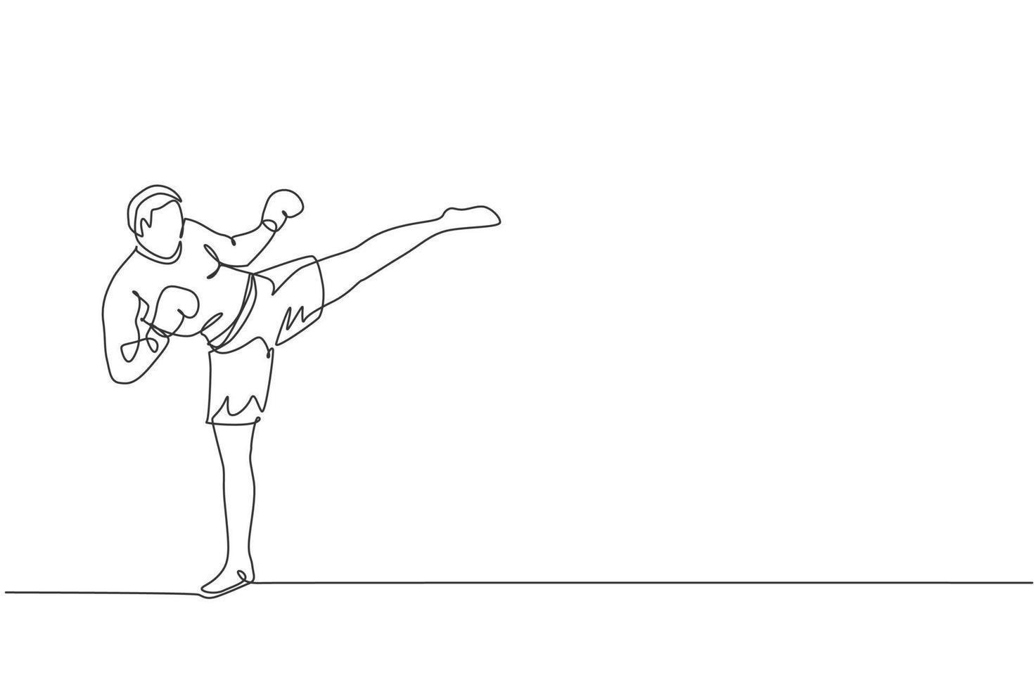 un dibujo de línea continua de un joven deportista kickboxer entrenando una poderosa postura de patada en el centro de gimnasio. concepto de deporte de kickboxing combativo. Ilustración de vector de diseño de dibujo de línea única dinámica
